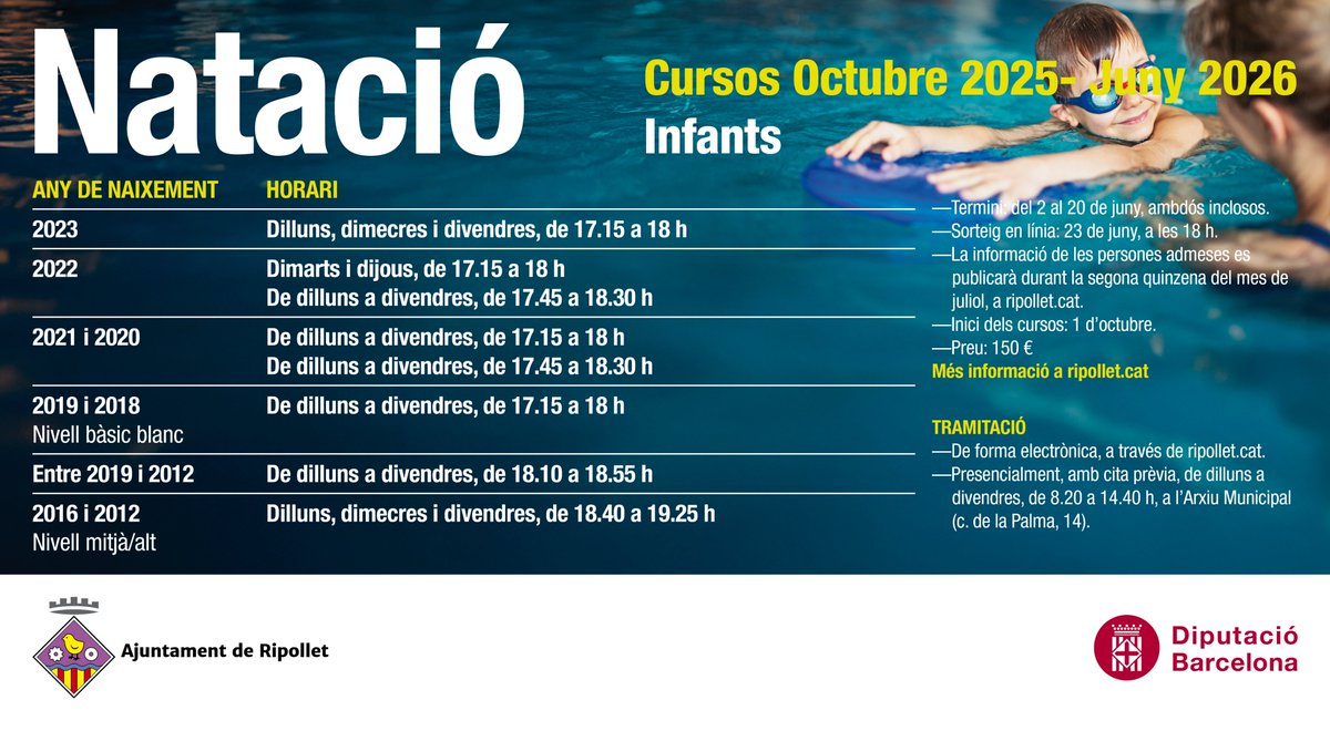 🏊 Del 2 al 20 de juny, ambos inclosos, restarà obert el termini per a formalitzar la inscripció als 𝗰𝘂𝗿𝘀𝗼𝘀 𝗮𝗻𝘂𝗮𝗹𝘀 𝗶𝗻𝗳𝗮𝗻𝘁𝗶𝗹𝘀 𝗱𝗲 𝗻𝗮𝘁𝗮𝗰𝗶ó (octubre 2025 - juny 2026).

💻 Inscripció telemàtica o 📍presencial.

ripollet.cat/serveis/esport…