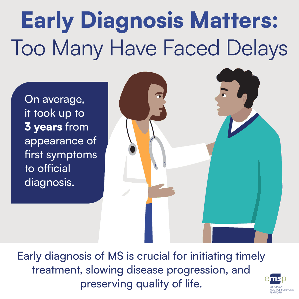 eumsplatform's tweet image. 3 years.
That's how long people wait on average for a #MultipleSclerosis diagnosis.
3 years of uncertainty without the right treatment.
On #WorldMSDay, we're focusing on Navigating Diagnosis. Early diagnosis = better outcomes.
@Lili_Bxl #IMSS