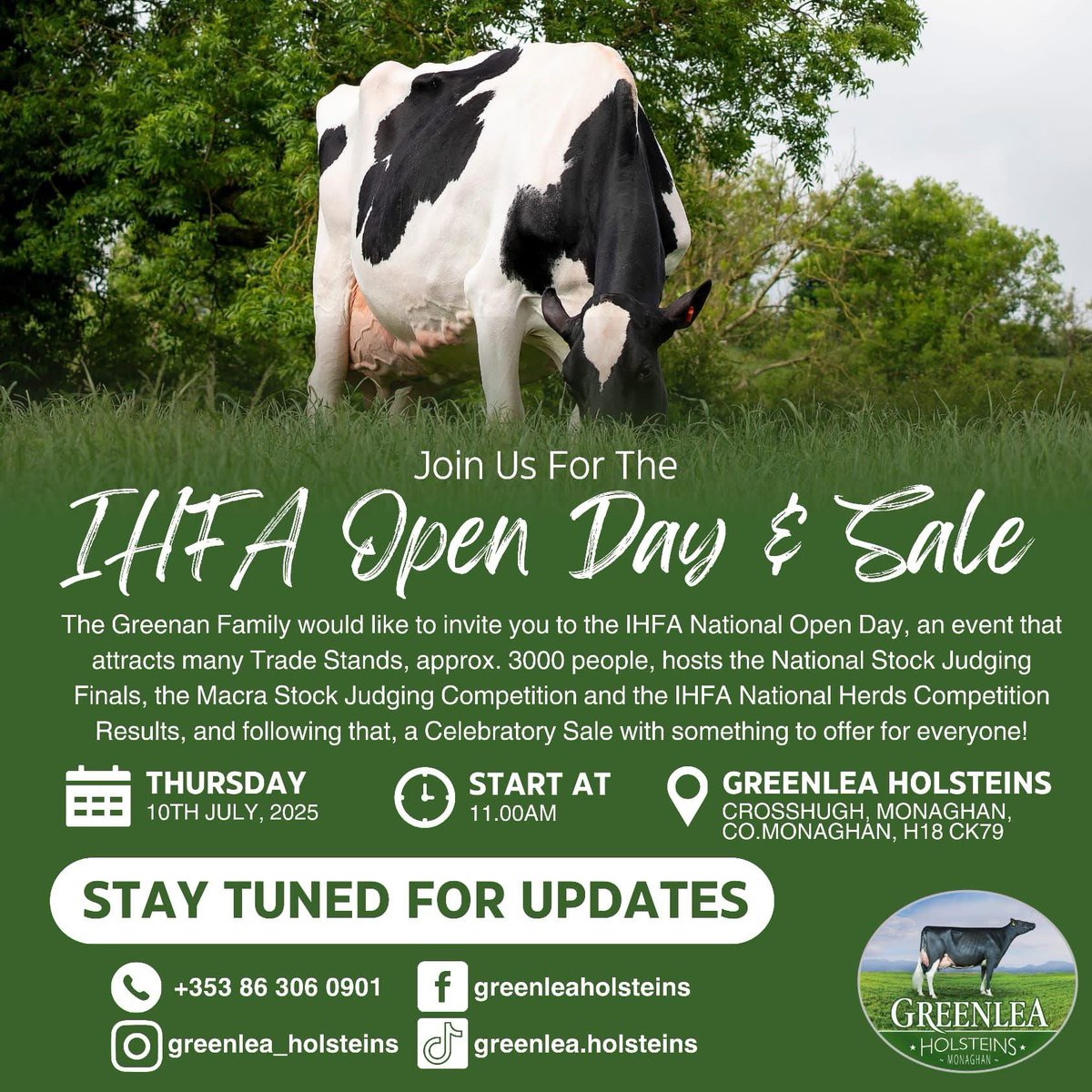 Best wishes to the Greenan family with the Irish Holstein Friesian Association Open Day on July 10th at Greenlea Holsteins in Ardaghey. 🐄🐮

#slssmonaghan 
<a href="/PadraicGreenan/">Greenlea Holsteins</a>
