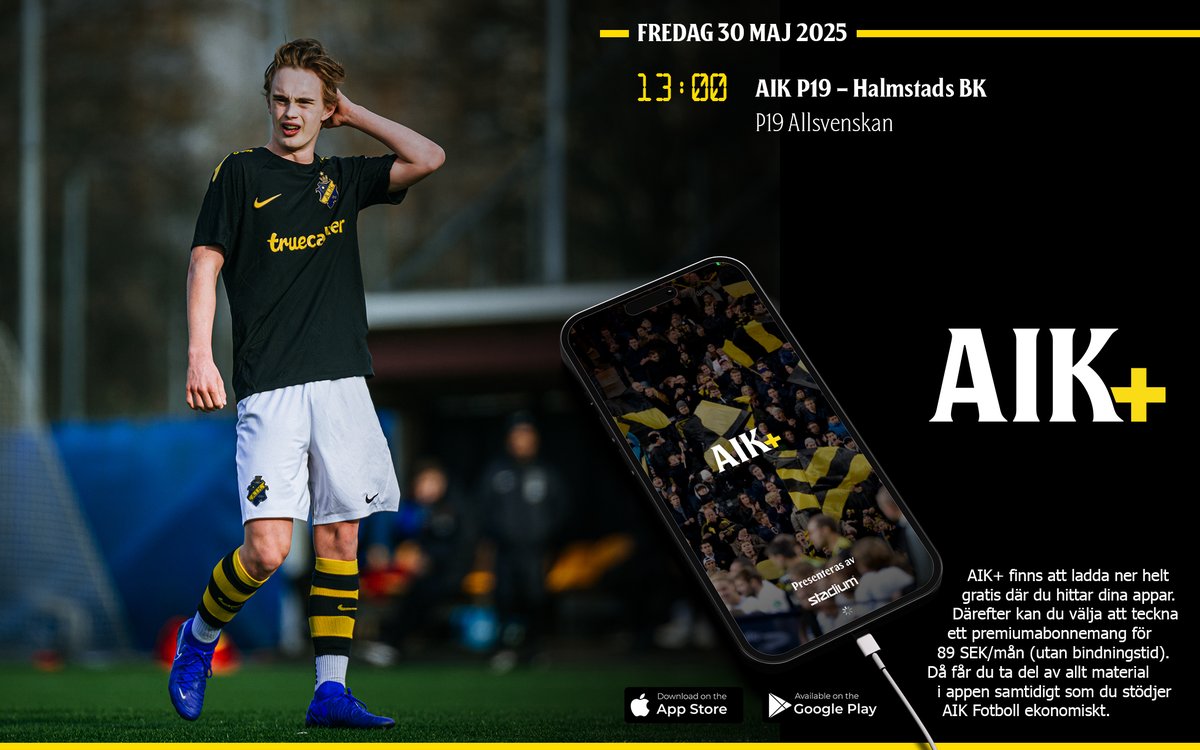 Kl 13:00 sänder vi P19 Allsvenskan live i 𝐀𝐈𝐊+ när Halmstads BK gästar Skytteholms IP. Som premiummedlem i appen kan du se matchen antingen i direktsändning eller i efterhand. 

Stöd AIK Fotboll – skaffa AIK+.