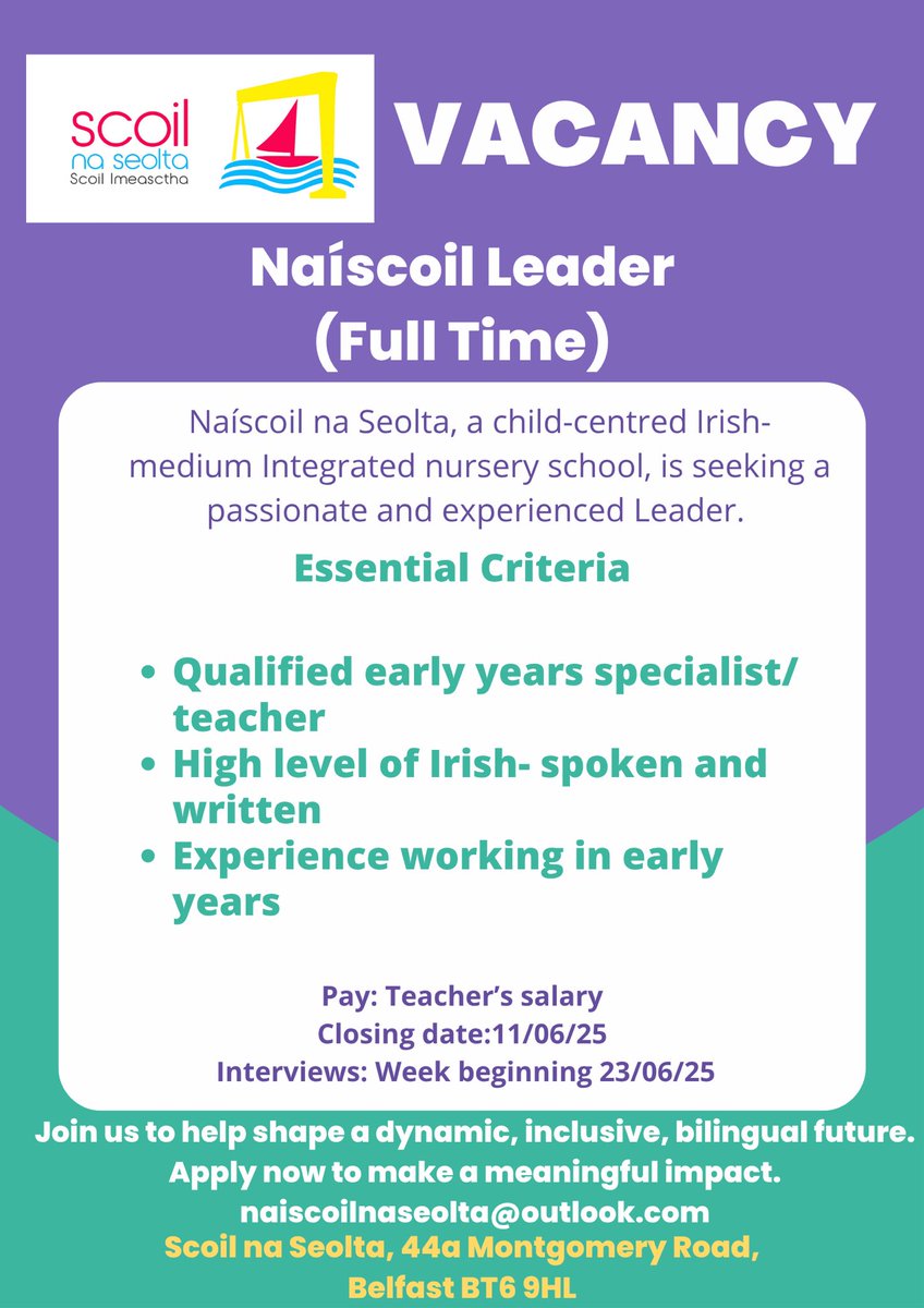 We’re hiring! 

Ceannaire Naíscoile, Naíscoil Leader. 

Closing date 11/06/25