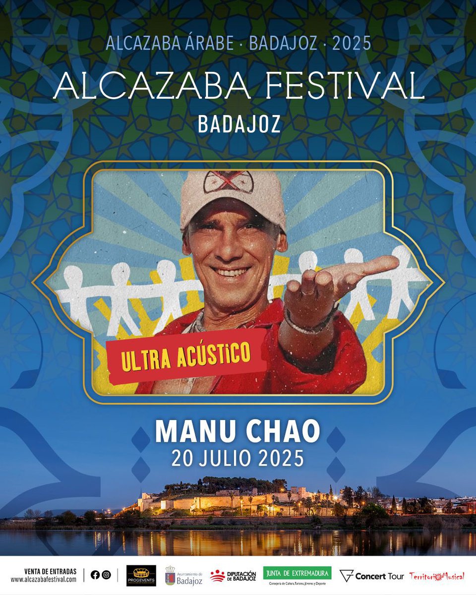 Este 20 de julio disfrutamos en <a href="/AlcazabaFestiva/">AlcazabaFestival</a> de <a href="/manuchao/">Manu Chao</a> 🪕🌅💭🏹 Un concierto muy especial dentro de su gira internacional ✨Ultra Acústico✨

🗓️ 20 jul
🎫 ya disponibles en alcazabafestival.com

#manuchao #alcazabafestival2025
