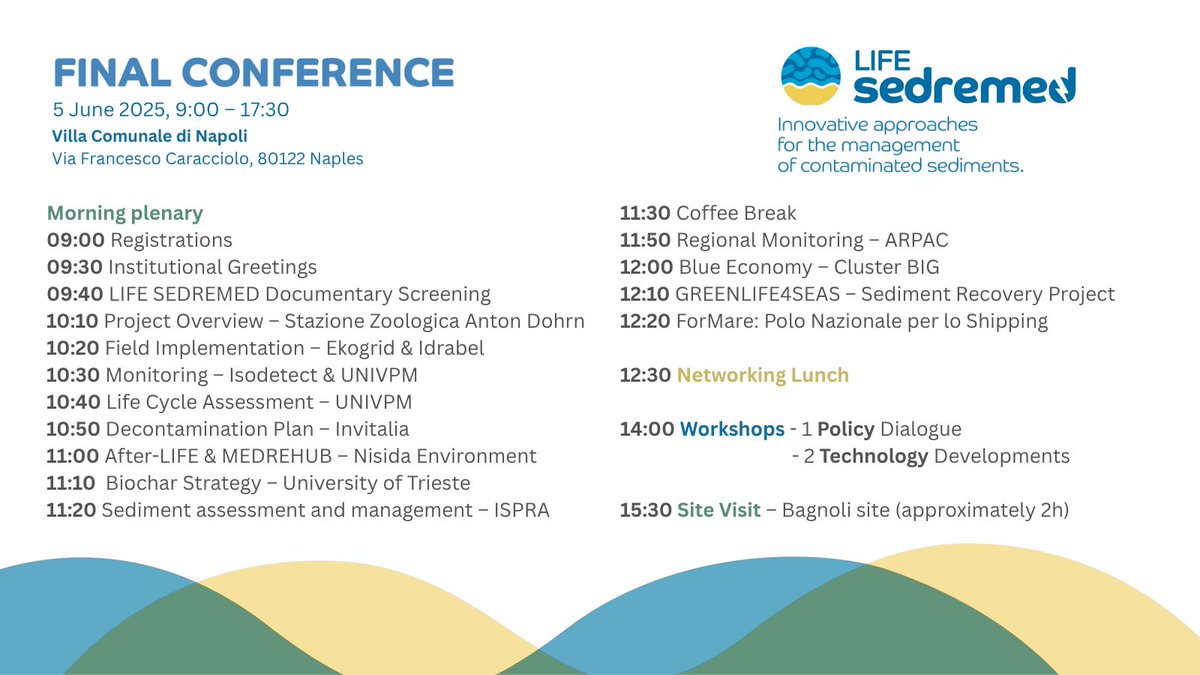 Less than a week to the final conference of LIFE SEDREMED set for 5 June 2025 in Naples, at the historic Villa Comunale of Naples 🌊🌳

We have few spots left, register by completing this form: forms.gle/MKxr1CQDJa1mfy…