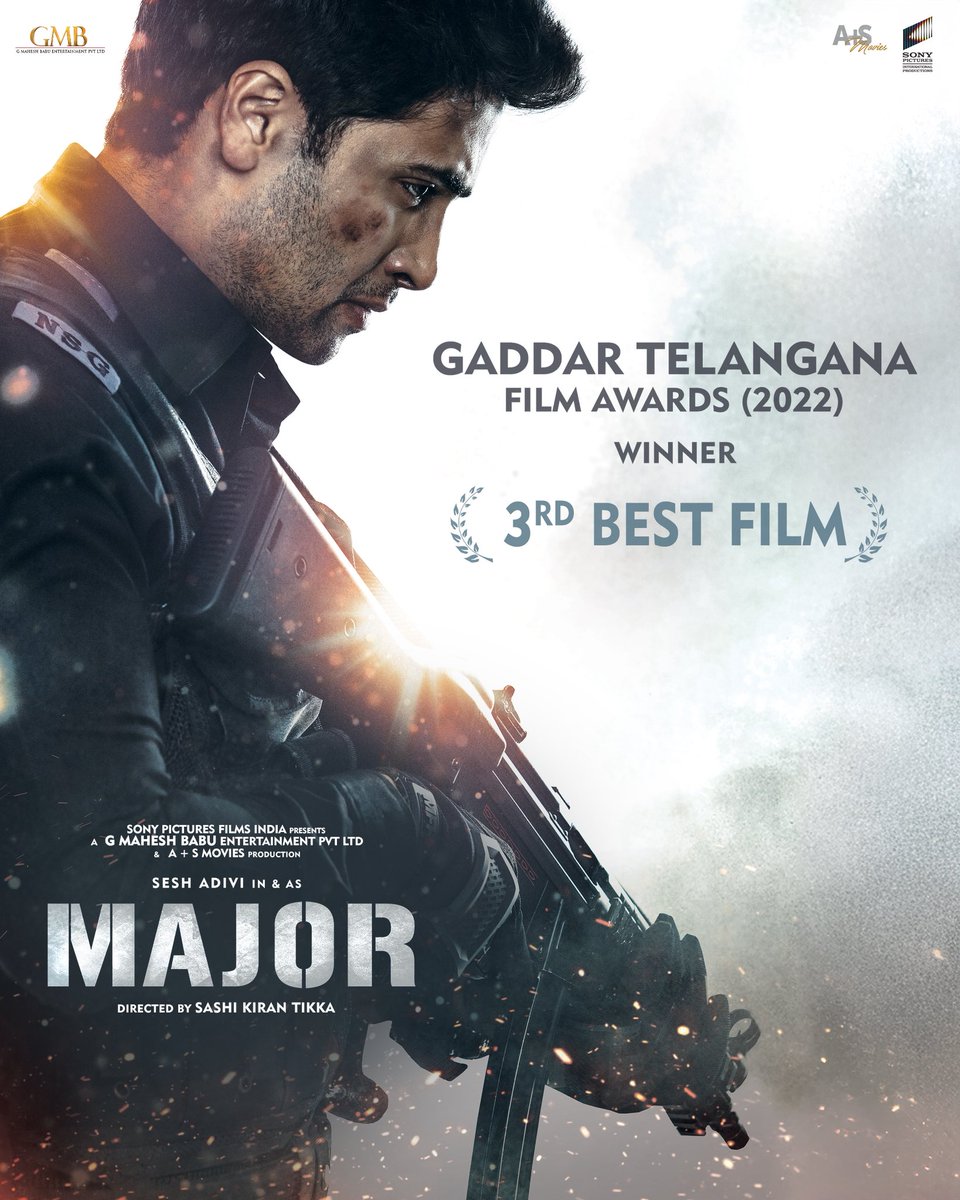 Honoring a hero. Celebrating a journey.

#Major wins '3rd Best Film' at the Gaddar Telangana Film Awards 2022.

Endless thanks to our amazing audience and Government of Telangana for the top honour.

#IndiaLovesMajor