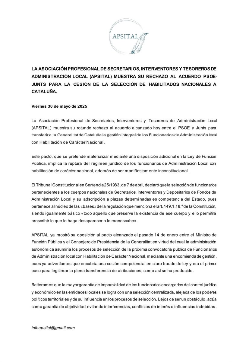 🗞️ 🚨 NOTA DE PRENSA.- APSITAL MUESTRA SU RECHAZO AL ACUERDO PSOE-JUNTS PARA LA CESIÓN DE LA SELECCIÓN DE HABILITADOS NACIONALES A CATALUÑA

#FHCN