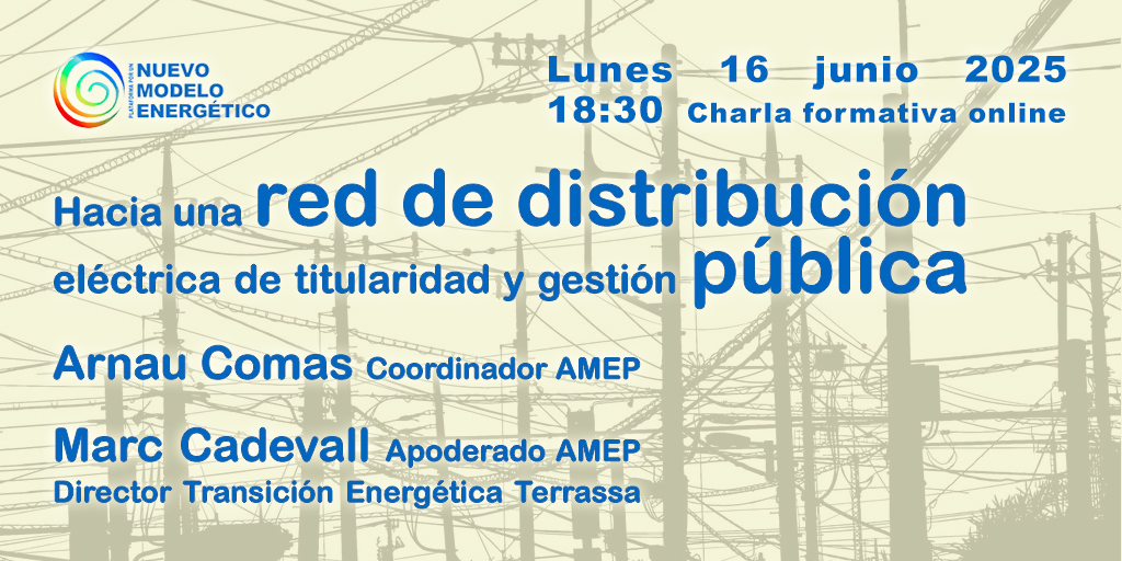 ¿Cómo podemos ir hacia una red de #distribucióneléctrica de titularidad y gestión #pública?

En nuestra próxima charla formativa contaremos con representantes de <a href="/Amep_Cat/">Amep_cat</a>  para conocer en profundidad su estudio sobre el tema

Inscripciones: nuevomodeloenergetico.org/eventos/charla…