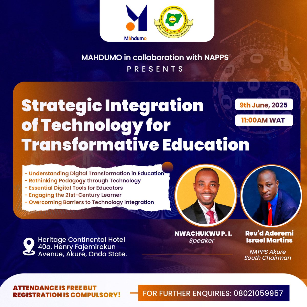 mahdumo_'s tweet photo. Missed Lagos? Don’t worry—Akure, Ondo State is NEXT!

📅 June 9, 2025 | 🕚 11:00 AM
📍 Heritage Continental Hotel, Akure

📞 For enquiries: 08021059957
✨ Attendance is FREE – Registration is COMPULSORY!

#Mahdumo #EdTechNigeria #TeacherTraining #DigitalClassroom #NAPPS https://t.co/hPqv8ut63H