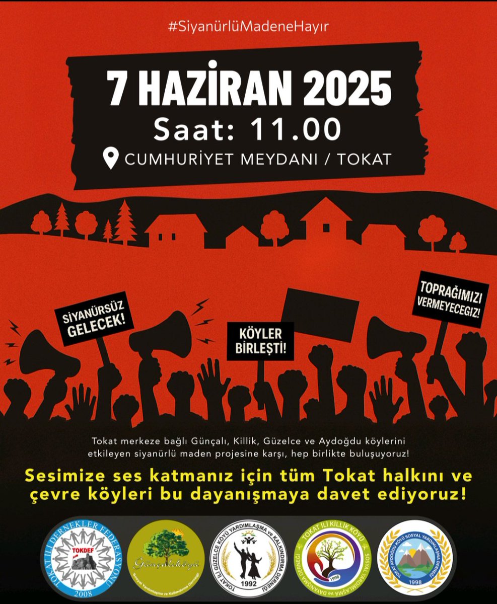 "Bir kere zehirlendi mi, geri dönüşü yok!"
Toprağımız, suyumuz, geleceğimiz için ayaktayız!

📅 7 Haziran 2025 Cumartesi
🕚 Saat: 11.00
📍 Cumhuriyet Meydanı / Tokat