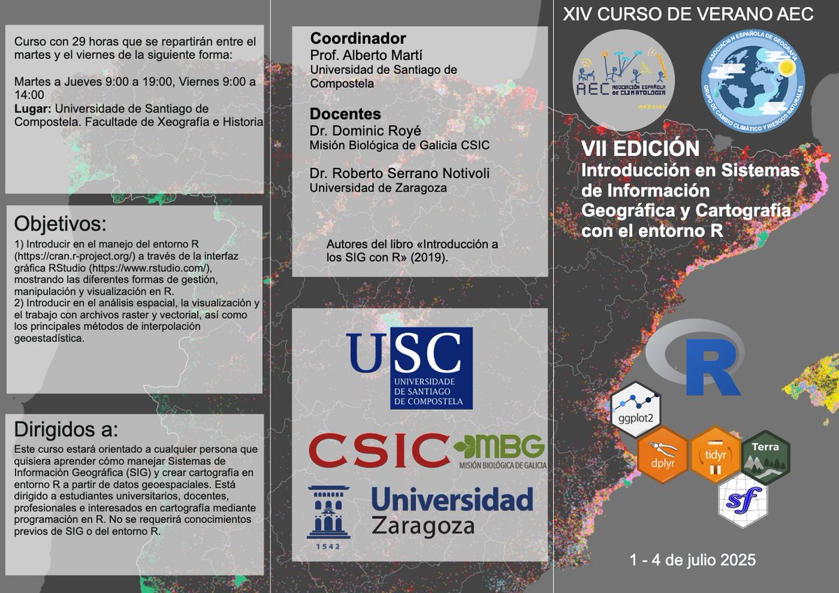 ¿Eres estudiante o joven investigador?
Aprende a trabajar con SIG y cartografía usando R, una herramienta libre, potente y cada vez más esencial.

📆 1–4 de julio de 2025 en la <a href="/UniversidadeUSC/">USC</a> 

¡Plazas limitadas! 

🖥️ aeclim.org/vii-edicion-cu…