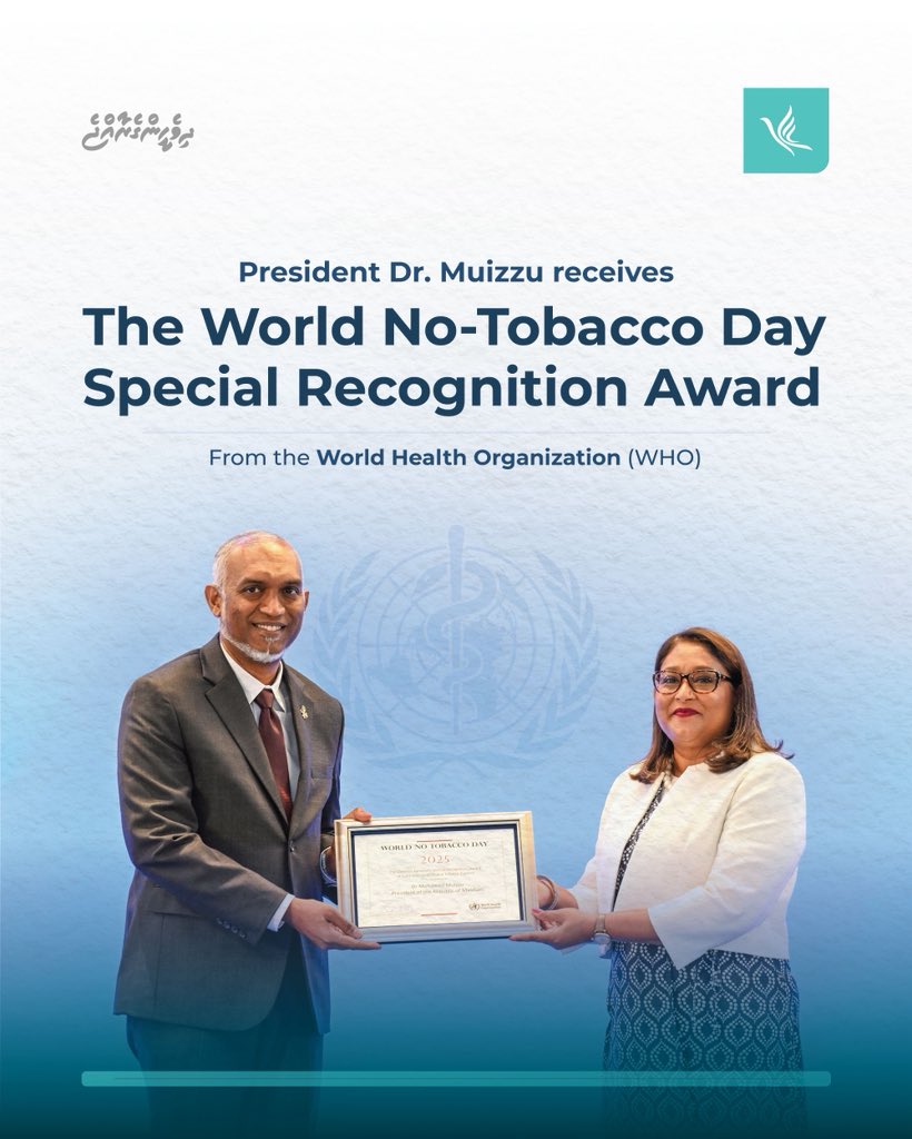 PNC Secretariat (@pnc_secretariat) on Twitter photo HE. President Dr <a href="/MMuizzu/">Dr Mohamed Muizzu</a> receives the World No-Tobacco Day Special Recognition Award from the World Health Organization (WHO), acknowledging his leadership in tobacco control and the bold steps taken to make the Maldives a tobacco-free nation.
#DhiveheengeRaajje HE. President Dr <a href="/MMuizzu/">Dr Mohamed Muizzu</a> receives the World No-Tobacco Day Special Recognition Award from the World Health Organization (WHO), acknowledging his leadership in tobacco control and the bold steps taken to make the Maldives a tobacco-free nation.
#DhiveheengeRaajje