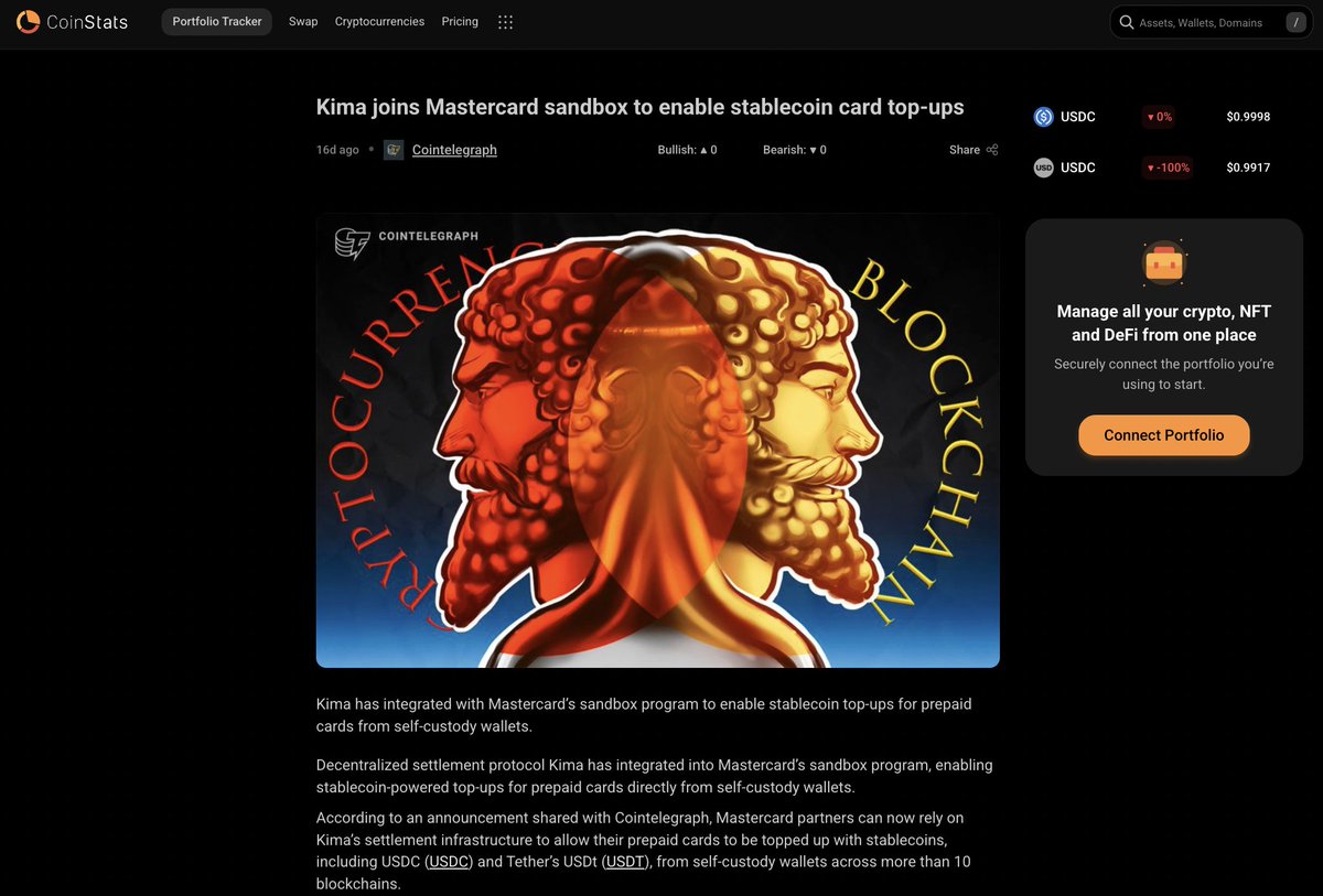 Big thanks to <a href="/CoinStats/">CoinStats</a> for the feature! 🙌 

Kima’s integration with Mastercard’s sandbox is making stablecoins spendable, enabling real-time top-ups from self-custody wallets to prepaid cards. No custodians, no friction, just pure crypto utility. 💳🪙

Read more: