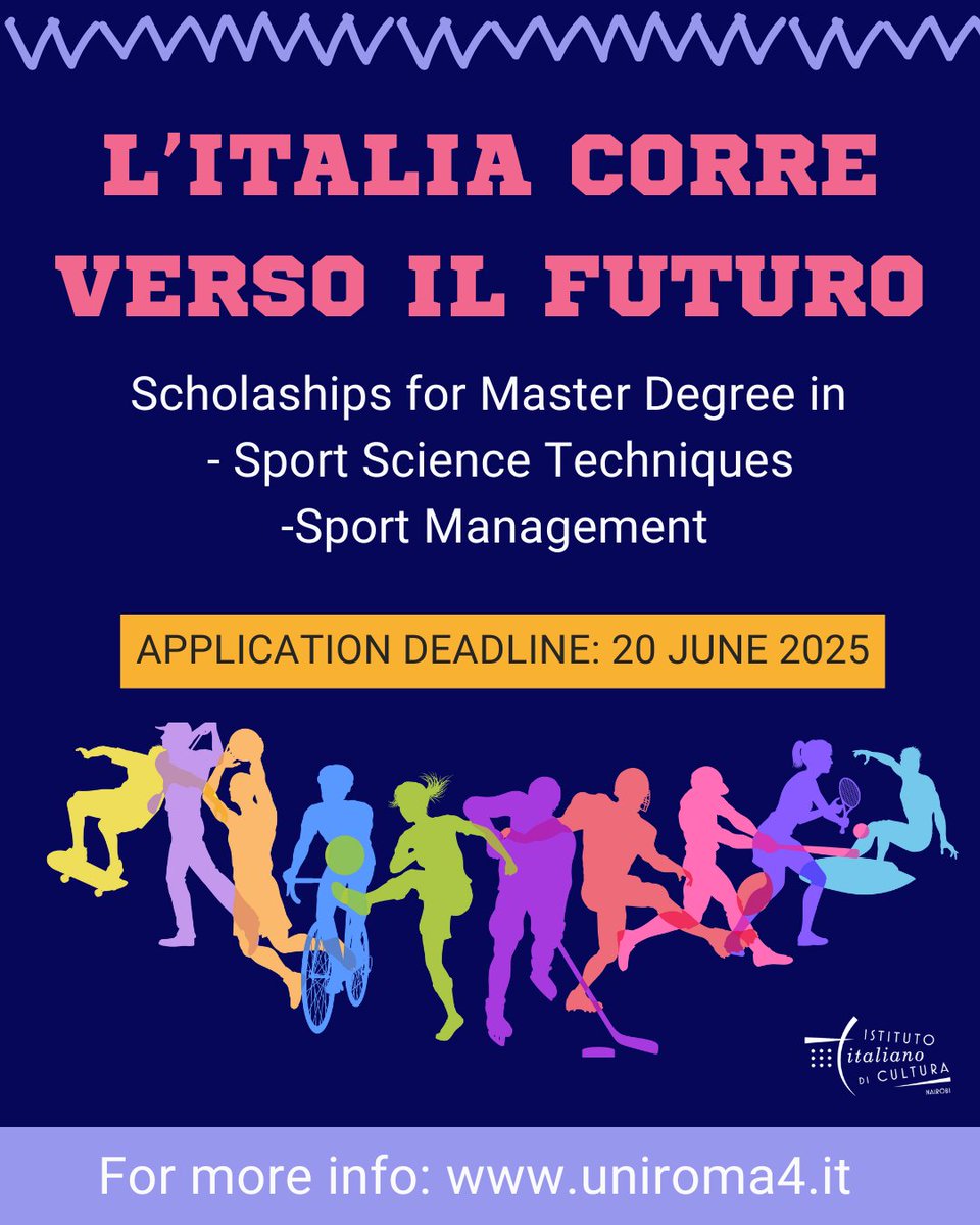 IICNairobi (@iicnairobi) on Twitter photo New opportunity in the field of sport!
A Master's program in 🇮🇹 for 🇰🇪 citizens, offered by <a href="/ItalyMFA/">Farnesina 🇮🇹</a> in collaboration with the University of Rome “Foro Italico”.
🗣 B2 level of Italian required
📅 Deadline: June 20, 2025
🔗 More info: uniroma4.it
#studyinitaly New opportunity in the field of sport!
A Master's program in 🇮🇹 for 🇰🇪 citizens, offered by <a href="/ItalyMFA/">Farnesina 🇮🇹</a> in collaboration with the University of Rome “Foro Italico”.
🗣 B2 level of Italian required
📅 Deadline: June 20, 2025
🔗 More info: uniroma4.it
#studyinitaly