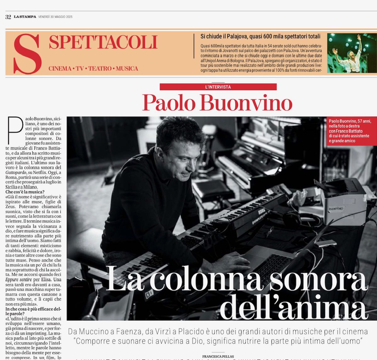 Paolo Buonvino è uno dei miei idoli fin da quand'ero ragazzina. Che gioia intervistarlo! Abbiamo parlato di musica e di mistica, delle vacanze con il suo maestro Franco Battiato, del suo rapporto con Gabriele Muccino, e di tante cose che sono tutte muse. Oggi su <a href="/LaStampa/">La Stampa</a>.