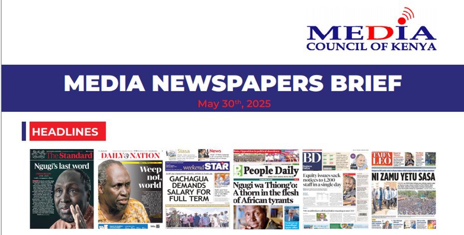Media Observer (@mediaobserverk) on Twitter photo Headlines: The passing of literary icon Ngũgĩ wa Thiong’o, celebrating his final play on Dedan Kimathi’s trial and his legacy of resistance against tyranny and ODM leader <a href="/RailaOdinga/">Raila Odinga</a> 's call for Nyanza to support President <a href="/WilliamsRuto/">William Samoei Ruto, PhD</a> 's administration for regional Headlines: The passing of literary icon Ngũgĩ wa Thiong’o, celebrating his final play on Dedan Kimathi’s trial and his legacy of resistance against tyranny and ODM leader <a href="/RailaOdinga/">Raila Odinga</a> 's call for Nyanza to support President <a href="/WilliamsRuto/">William Samoei Ruto, PhD</a> 's administration for regional