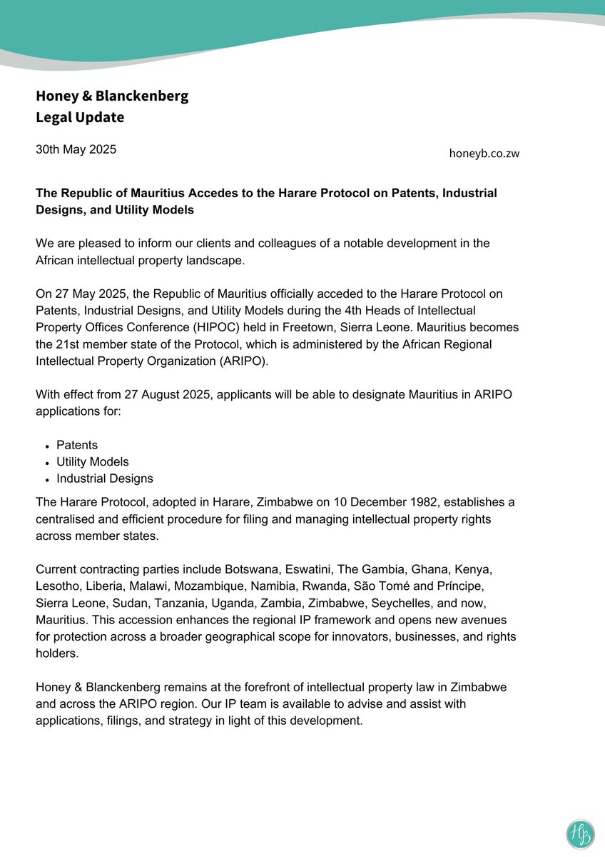 📢 Legal Update: Mauritius has acceded to the Harare Protocol, becoming the 21st ARIPO member. From 27 Aug 2025, it can be designated in ARIPO applications for patents, designs &amp; utility models.
📄Read more below: