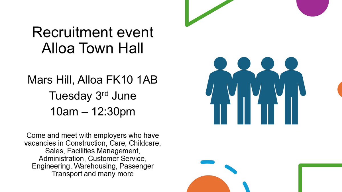 Alison Findlater (@alisonfindlater) on Twitter photo This looks like being a great #Recruitment event in #Alloa
<a href="/JCPinScotland/">JCP in Scotland</a> will be joined by our partners including <a href="/ClacksCouncil/">Clackmannanshire Council</a> <a href="/FVCollege/">Forth Valley College</a> <a href="/CERTClacks/">CERT-Clackmannanshire</a> <a href="/NHSForthValley/">NHS Forth Valley</a> <a href="/DYW_ForthValley/">DYW Forth Valley</a>
Come and meet with #Employers who have #Vacancies in all sectors
#ClackmannanshireJobs This looks like being a great #Recruitment event in #Alloa
<a href="/JCPinScotland/">JCP in Scotland</a> will be joined by our partners including <a href="/ClacksCouncil/">Clackmannanshire Council</a> <a href="/FVCollege/">Forth Valley College</a> <a href="/CERTClacks/">CERT-Clackmannanshire</a> <a href="/NHSForthValley/">NHS Forth Valley</a> <a href="/DYW_ForthValley/">DYW Forth Valley</a>
Come and meet with #Employers who have #Vacancies in all sectors
#ClackmannanshireJobs