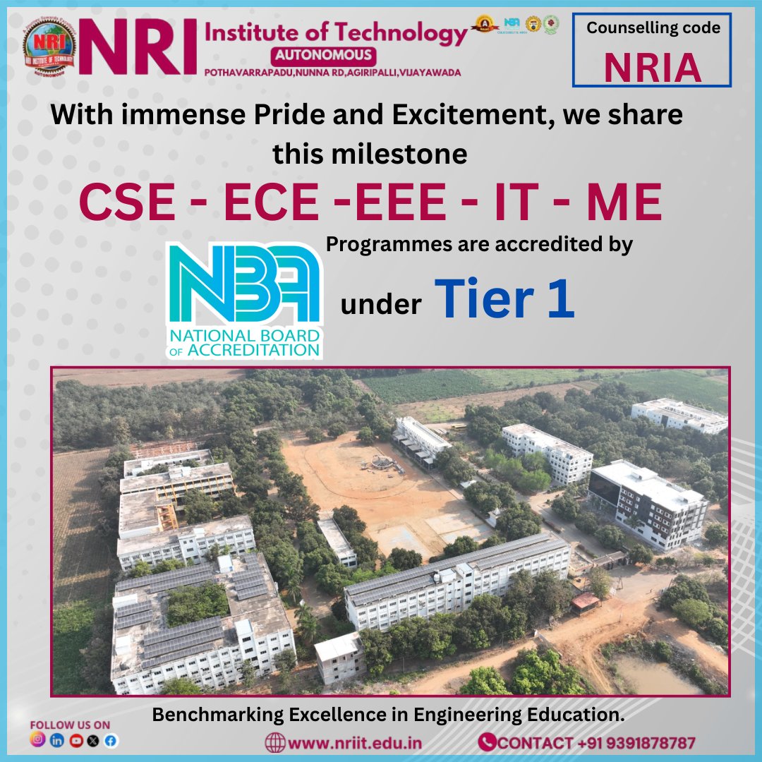 NRIUniversity's tweet photo. Proud Moment for NRIIT! π
We are thrilled to announce that our programs
CSE, ECE, EEE, IT & ME β are now NBA Tier 1 Accredited!
This milestone is a testament to our commitment to excellence in engineering education.
#nriitagiripalli #nribtechcollegevijayawada #nriit https://t.co/hndubSYosC