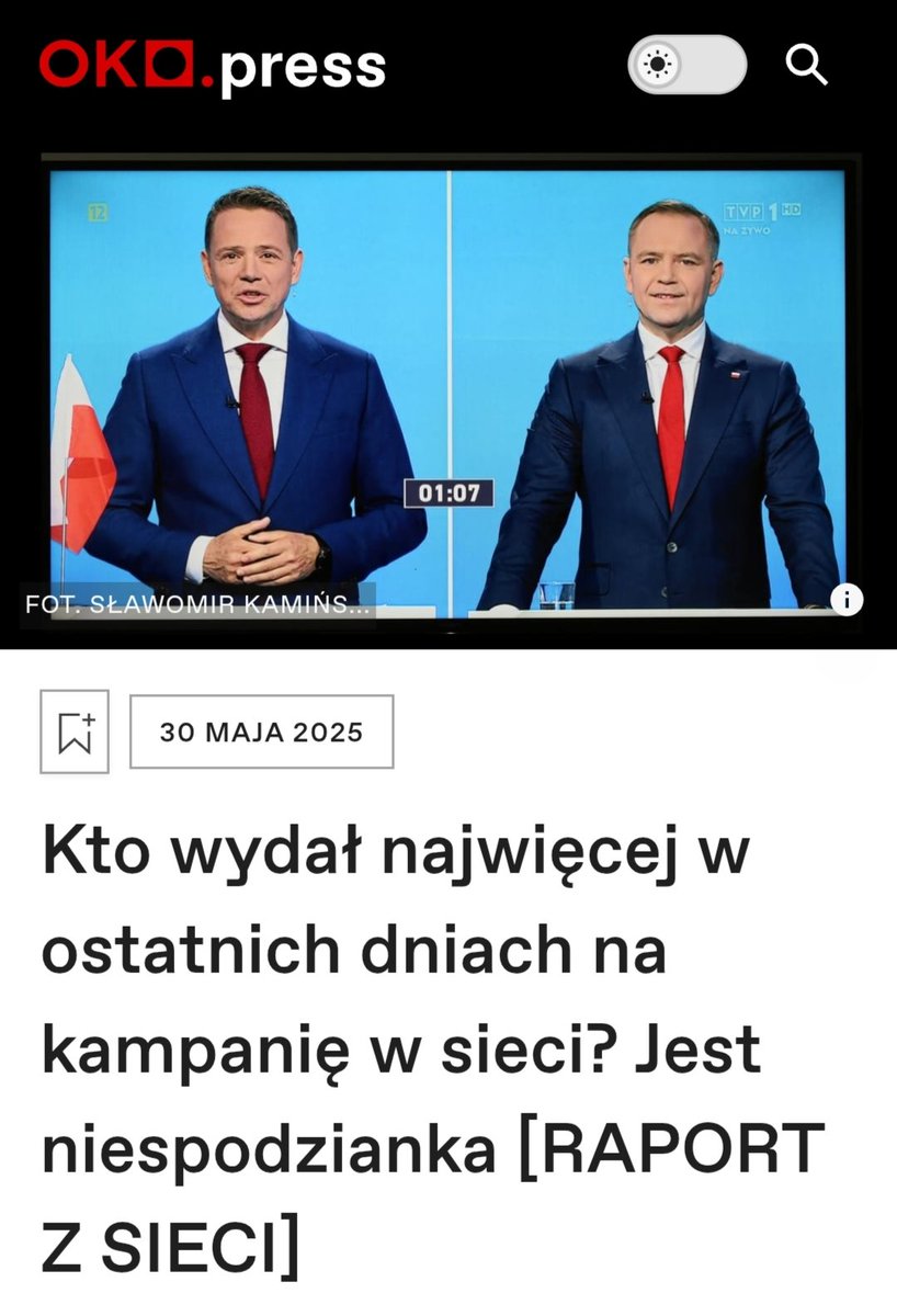 Już prawie 2 miliony zł wydał komitet Nawrockiego na sieciowe reklamy. Sztabowcy Trzaskowskiego na tych samych platformach społecznościowych wydali mniej, bo około 1,45 mln zł. A jednak to nie komitety wyborcze wydały najwięcej na FB w ostatnich dniach.
oko.press/kto-wydal-najw…