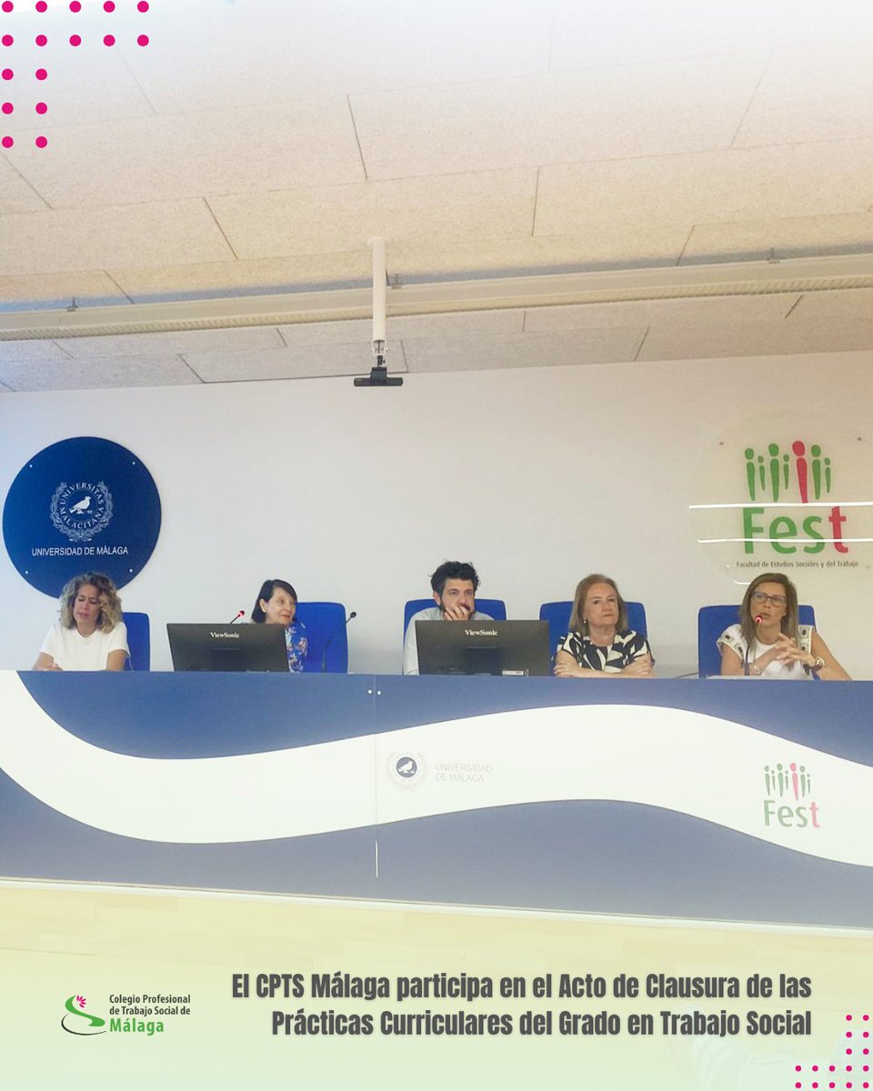 Colegio Profesional de Trabajo Social Málaga (@colegiotsmalaga) on Twitter photo El <a href="/COLEGIOTSMALAGA/">Colegio Profesional de Trabajo Social Málaga</a> participó ayer en el Acto de Clausura de las Prácticas Curriculares del Grado en #TrabajoSocial que se celebró ayer por la mañana en la Facultad de Estudios Sociales y del Trabajo.
Accede a la noticia completa en trabajosocialmalaga.org/el-colegio-pro… El <a href="/COLEGIOTSMALAGA/">Colegio Profesional de Trabajo Social Málaga</a> participó ayer en el Acto de Clausura de las Prácticas Curriculares del Grado en #TrabajoSocial que se celebró ayer por la mañana en la Facultad de Estudios Sociales y del Trabajo.
Accede a la noticia completa en trabajosocialmalaga.org/el-colegio-pro…