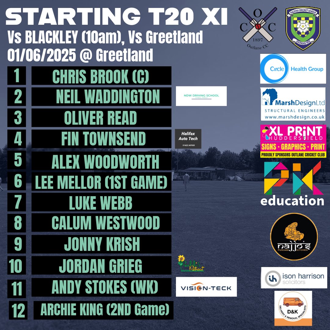 🏏🏏 WEEKEND FIXTURES 🏏🏏

A bumper packed weekend for the OCC! League games and T20 on the Sunday! 

SAT:
1st XI AWAY Vs <a href="/StainlandCC/">Stainland CC</a> 
2nd XI HOME Vs Bradley&amp;Colenbridge

SUN:
1st T20 Vs <a href="/BlackleyCC1/">🔰 Blackley CC 🔰</a> (10am)
2nd T20 Vs <a href="/GreetlandCC/">Greetland CC</a> (Start depending on outcome of first match)
