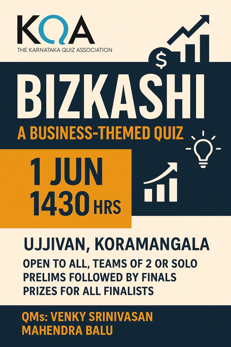 Hosting the final quiz of the <a href="/kqaquizzes/">KQA</a> season - Bizkashi - the business quiz, where <a href="/Mahendradarsha2/">Mahendra Balu</a> and I try and bridge the gap between business and general quizzing. Open to all, teams of 2, spot regn. Come by on Sunday, June 1 at 2:30 PM - Ujjivan office Koramangala.