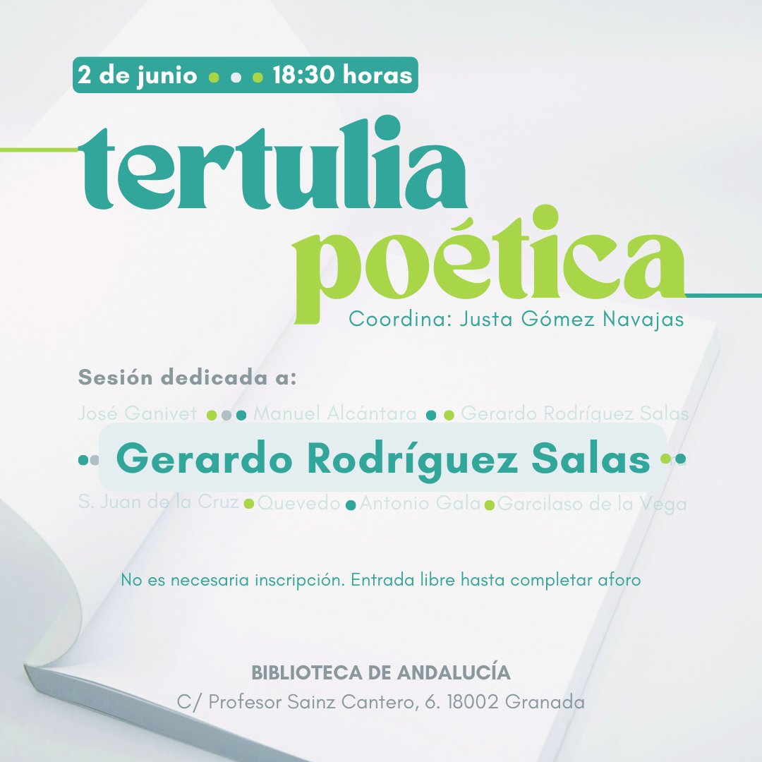 Biblioteca de Andalucía (@bibandalucia) on Twitter photo El próximo lunes tenemos una cita con la poesía de Gerardo Rodríguez Salas <a href="/GerardoUGR/">Gerardo Rodríguez Salas</a>, quien además nos acompañará en la lectura de sus versos ✨.
🗓️02/06, a las 18:30H
💬Coordina: Justa Gómez Navajas.
ℹ️bibliotecasdeandalucia.es/web/biblioteca… El próximo lunes tenemos una cita con la poesía de Gerardo Rodríguez Salas <a href="/GerardoUGR/">Gerardo Rodríguez Salas</a>, quien además nos acompañará en la lectura de sus versos ✨.
🗓️02/06, a las 18:30H
💬Coordina: Justa Gómez Navajas.
ℹ️bibliotecasdeandalucia.es/web/biblioteca…