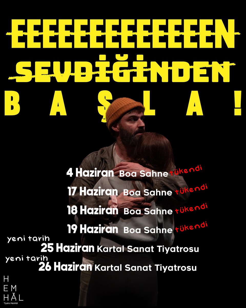 En Sevdiğinden Başla ♥️

4-17-18-19 Haziran biletlerimiz tükendi.
Haziran ayına ek oyun koyduk. 25-26 Haziran @kartalsanattiyatrosu ‘ndayız. Biletler @tiyatrolar ‘da satışta☀️

fotoğraf: <a href="/muvier/">muvier samper</a> 🌱
tasarım: <a href="/aybalaerden/">aybala</a> 🌱