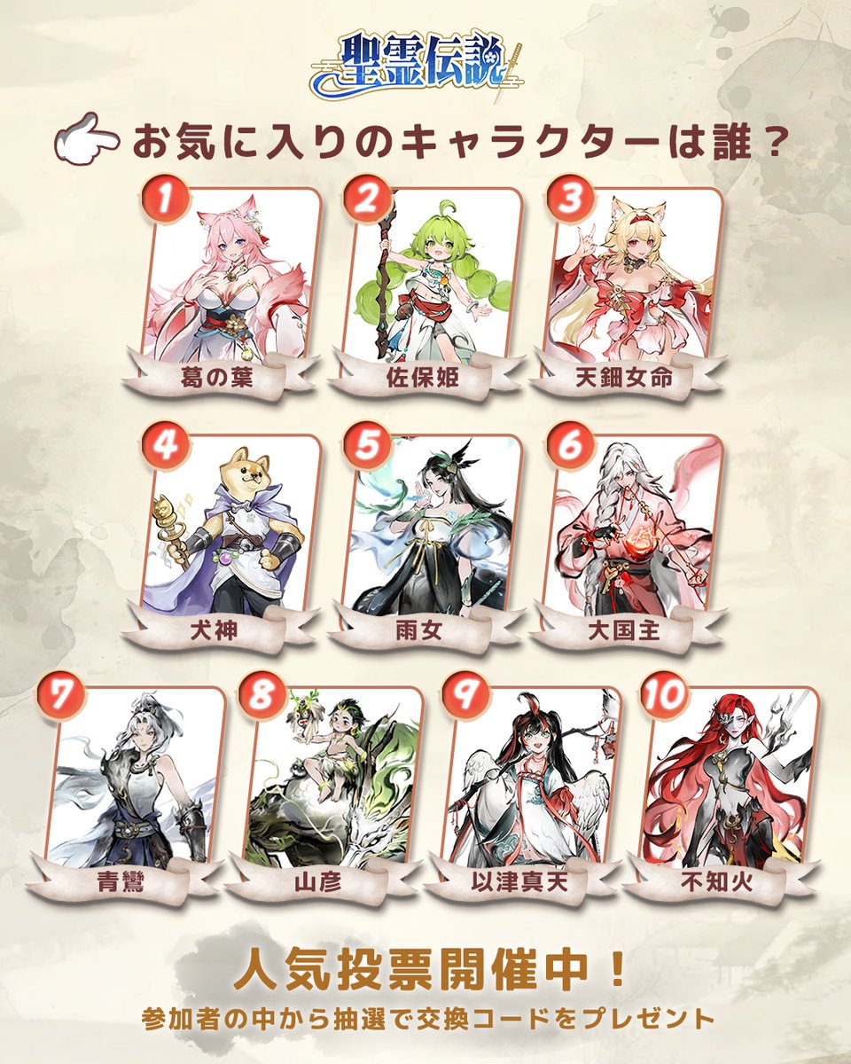 🎮キャラクター人気投票開催中🎉
あなたのお気に入りは誰？

🎁賞品：ゲーム内交換コード（抽選で50名様）
📦内容：霊玉 ×300、鍛造石 ×20、見習瞑想図 ×3

🗓️開催期間：5月30日（金）～6月2日（月）
✅参加方法：コメント欄に「1～10」の数字を1つだけ書いてください！