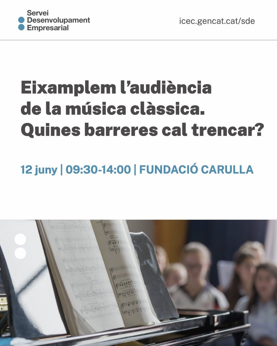 Empreses culturals (@icec_cat) on Twitter photo 🎶🎻Quines barreres cal trencar per eixamplar l’audiència de la música clàssica?
No et perdis la jornada <a href="/sdeicec/">sdeicec</a> del 12 de juny!
💬 Amb #TheAudienceAgency <a href="/latlantidavic/">L'Atlàntida Vic</a> <a href="/palaumusicacat/">Palau de la Música Catalana</a> <a href="/nitsdeclassics/">Amics Música Valls</a> <a href="/fschubertfilh/">Franz Schubert Filharmonia</a> <a href="/espurnesbarroqs/">Espurnes Barroques</a> <a href="/DeltaChamberMF/">DeltaChamber Music Festival</a>
👉🏻sde.cultura.gencat.cat/els-cursos/eix… 🎶🎻Quines barreres cal trencar per eixamplar l’audiència de la música clàssica?
No et perdis la jornada <a href="/sdeicec/">sdeicec</a> del 12 de juny!
💬 Amb #TheAudienceAgency <a href="/latlantidavic/">L'Atlàntida Vic</a> <a href="/palaumusicacat/">Palau de la Música Catalana</a> <a href="/nitsdeclassics/">Amics Música Valls</a> <a href="/fschubertfilh/">Franz Schubert Filharmonia</a> <a href="/espurnesbarroqs/">Espurnes Barroques</a> <a href="/DeltaChamberMF/">DeltaChamber Music Festival</a>
👉🏻sde.cultura.gencat.cat/els-cursos/eix…