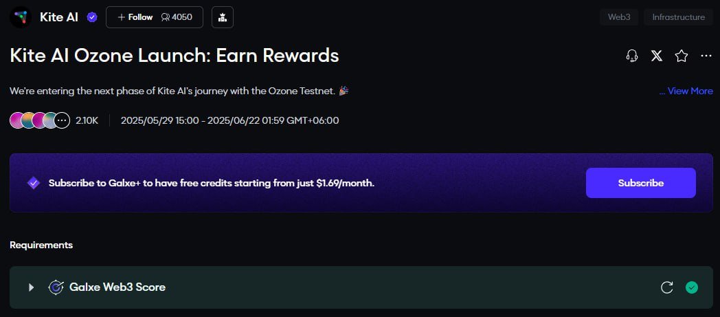 join Kite AI galxe quest ~ Kite AI Ozone Launch: Earn Rewards 🎉

👉Join Here: Complete Task: app.galxe.com/quest/KiteAI/G…

🪙Kite AI: Your previous points have already been updated on your dashboard. Keep grinding on the Ozone Testnet and keep stacking those points. The future favors