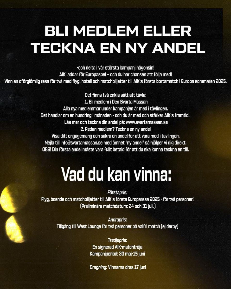 SvartaMassan's tweet photo. 🖤 Vinn en Europaresa med AIK! ✈️⚽ 
Gå med i Den Svarta Massan senast 15 juni – och var med och tävla om: 

Förstapris: AIK-resa för två - flyg, hotell &amp; biljetter till första Europamatchen 2025 

Mer om kampanjen i senaste avsnittet av Testa Stör – finns där poddar finns. https://t.co/WMpmzAlFbO