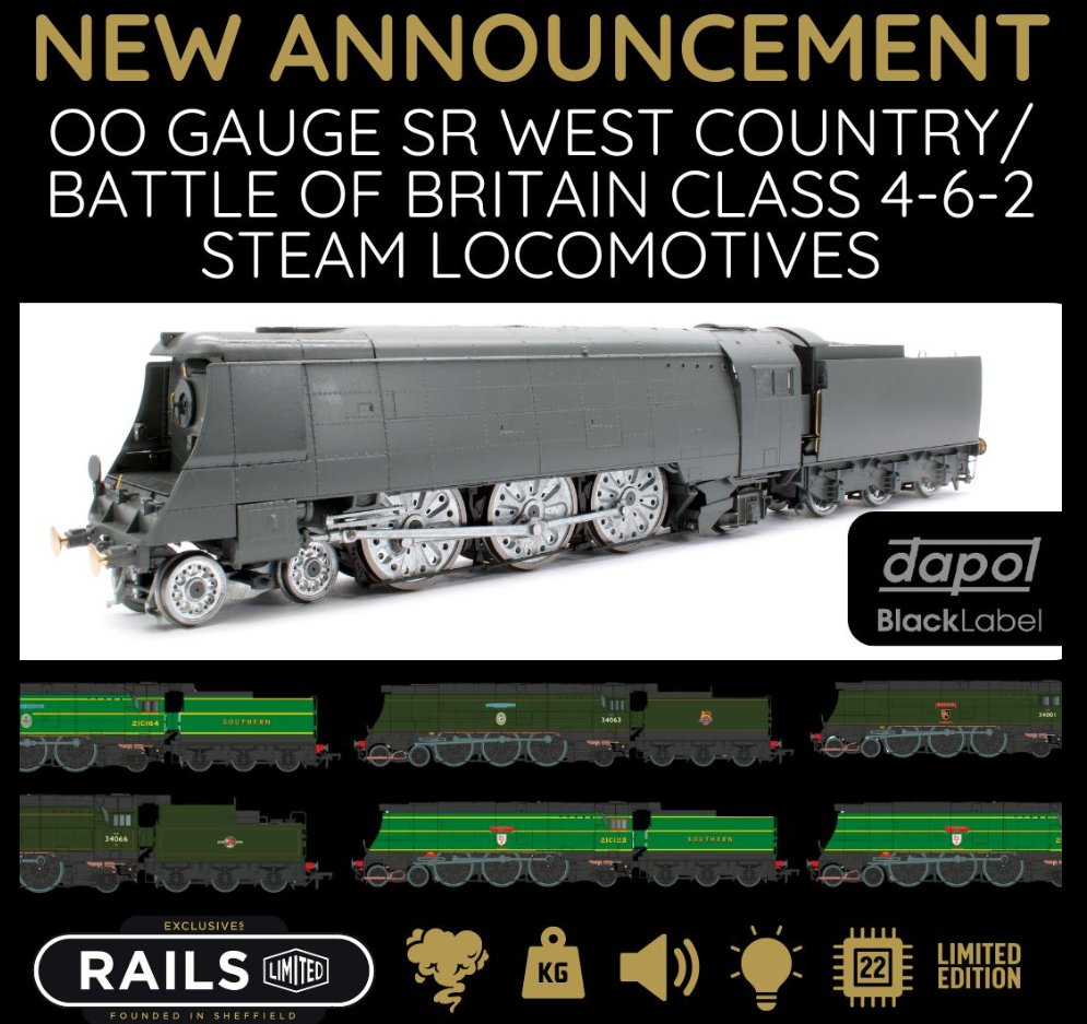 Dapol and Rails Of Sheffield collaborate on another Black Label model. This time it's the Battle of Britain / West Country Class 4-6-2. for more information visit tinyurl.com/y8az63uz
To see the engineering prototype in action visit youtu.be/OZYedWpFg1U?si…