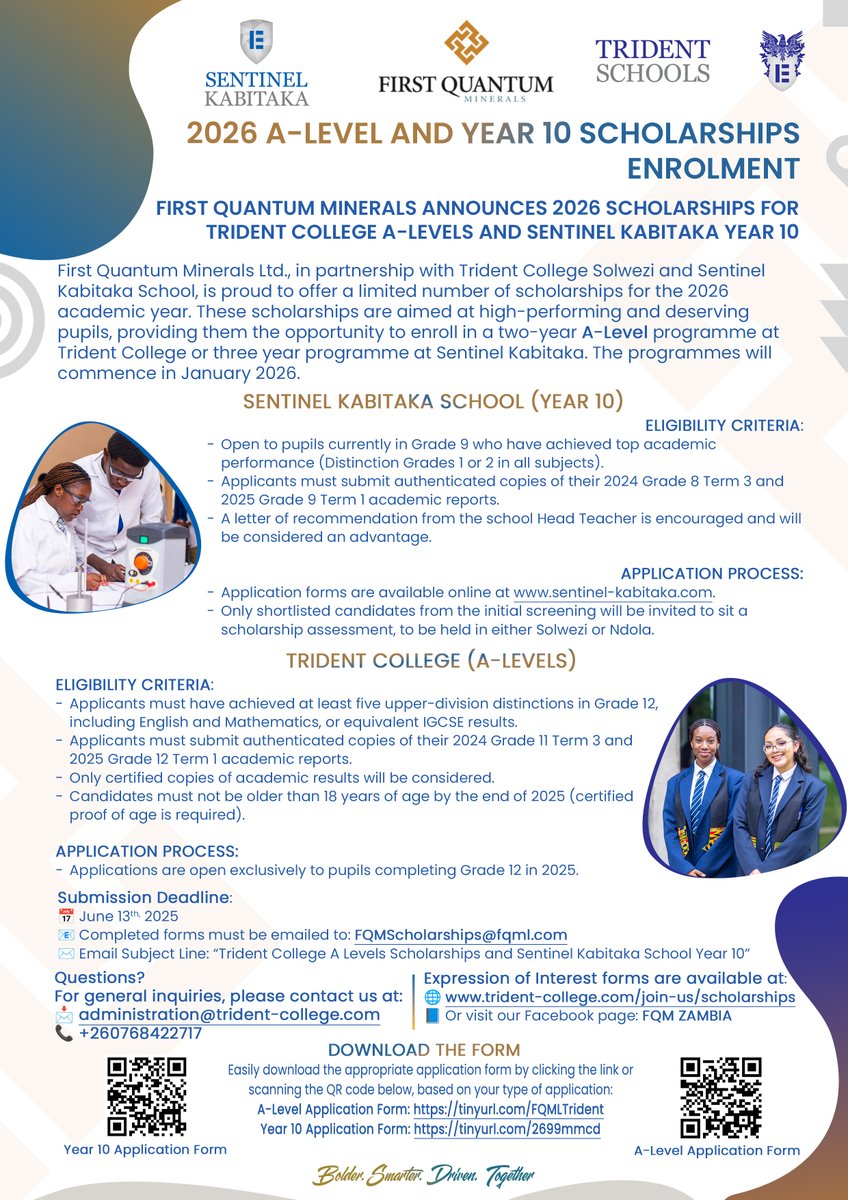 FQM announces 2026 scholarships for Trident College A-level and Sentinel Kabitaka Year 10.
#FQMpromotingaccesstoqualityeducation
