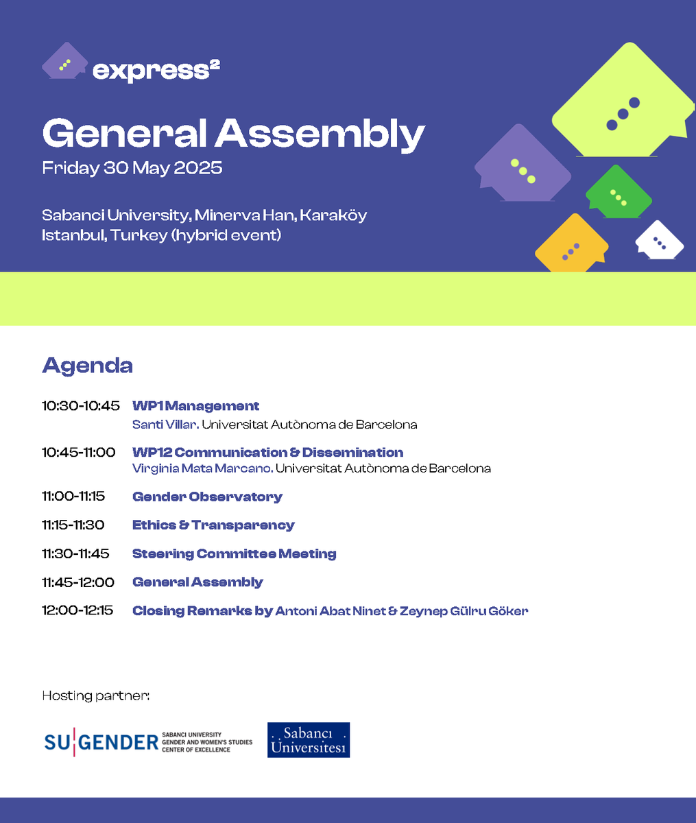 Express2project (@express2eu) on Twitter photo 📅Today we conclude our time in #Istambul with the <a href="/express2EU/">Express2project</a> #GeneralAssembly!
🗣️Speakers: #SantiVillar <a href="/Virginia_Mata/">Virginia Mata</a> <a href="/AbatAntoni13/">Antoni Abat</a> & #ZeynepGülruGöker.
❤️Hosted by <a href="/sabanciu/">Sabancı Üniversitesi</a> & <a href="/SUGenderCenter/">SU Gender</a>.
📖Read +: express2project.eu/en/news-and-ev…
<a href="/MericCaglarC/">Meric_Caglar</a> <a href="/ceu/">Central European University</a> <a href="/Uni_of_Essex/">University of Essex</a> <a href="/Dret_UAB/">Facultat de Dret UAB</a> <a href="/DCU/">Dublin City University</a> 📅Today we conclude our time in #Istambul with the <a href="/express2EU/">Express2project</a> #GeneralAssembly!
🗣️Speakers: #SantiVillar <a href="/Virginia_Mata/">Virginia Mata</a> <a href="/AbatAntoni13/">Antoni Abat</a> & #ZeynepGülruGöker.
❤️Hosted by <a href="/sabanciu/">Sabancı Üniversitesi</a> & <a href="/SUGenderCenter/">SU Gender</a>.
📖Read +: express2project.eu/en/news-and-ev…
<a href="/MericCaglarC/">Meric_Caglar</a> <a href="/ceu/">Central European University</a> <a href="/Uni_of_Essex/">University of Essex</a> <a href="/Dret_UAB/">Facultat de Dret UAB</a> <a href="/DCU/">Dublin City University</a>