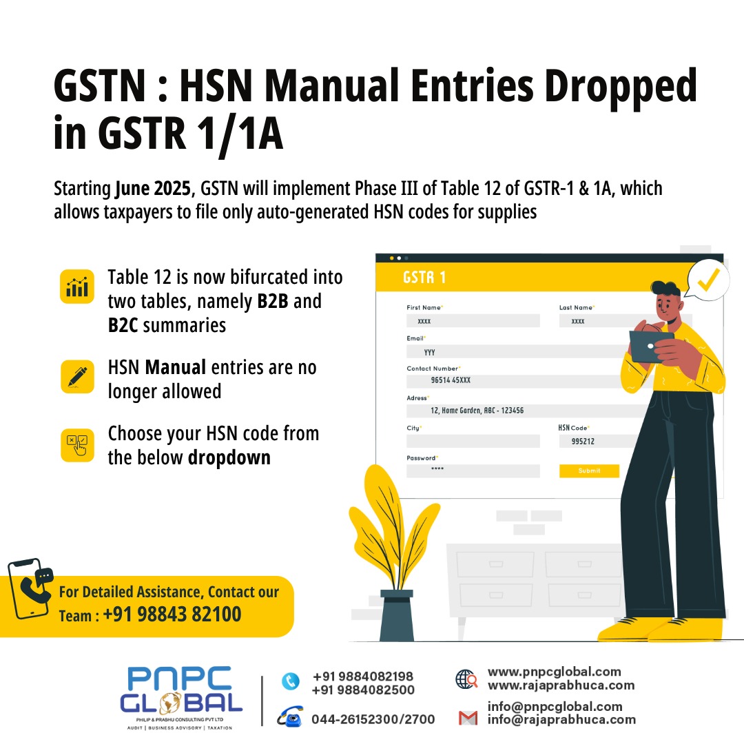 PNPCPvtltd's tweet image. 🛑 No more manual HSN Code entry in GSTR-1/1A from June 2025!

✅ Auto-populated HSN codes
✅ Dropdown selection
✅ Separate B2B &amp;amp; B2C filings

❗Wrong code? Revise in next month’s GSTR-1.

📩 Questions? Contact us!
#GSTUpdates #HSNCode #TaxCompliance