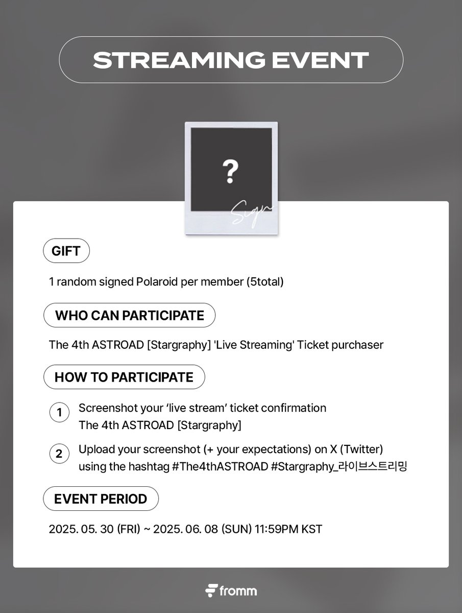 The 4th ASTROAD [Stargraphy]  LIVE STREAMING OPEN 🎉

📱참여방법
1. The 4th ASTROAD [Stargraphy] ‘라이브 스트리밍 티켓' 구매 인증 화면 캡쳐하기
2. X(트위터)에 #The4thASTROAD #Stargraphy_라이브스트리밍 태그와
함께 구매 인증 화면 (+기대평) 업로드 하기

🎁 당첨경품: ASTRO 사인