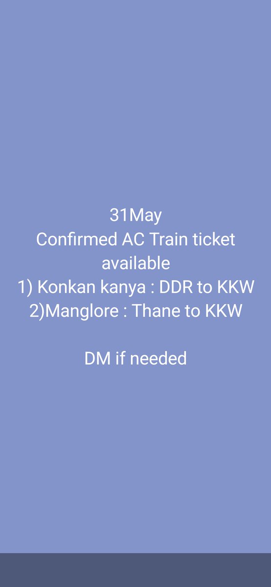 joshiamit__'s tweet photo. DM ! We booked 2 tickits by mistake of different trains for Tatkal ! We can share one of them if someone needs please DM
#konkanrailway #tatkal https://t.co/RZpTW1RFib