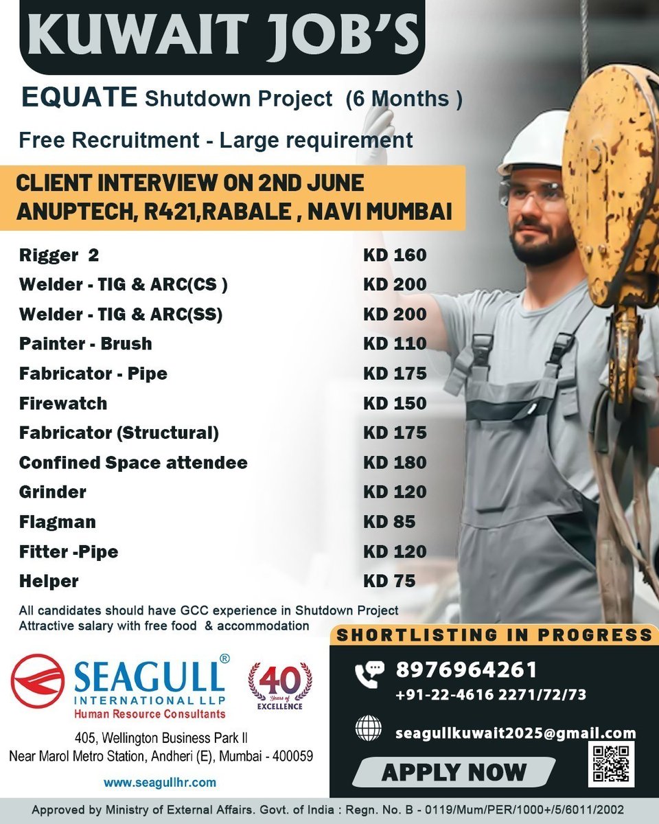 hrd1_seagull's tweet photo. 🇰🇼Kuwait Jobs
📝Client Interview 2nd June At Anuptech
📍Location - Mumbai
.
.
.
#kuwaitjobs #rigger #grinder #fitterpipe #flagman https://t.co/KHIQFfgBAA