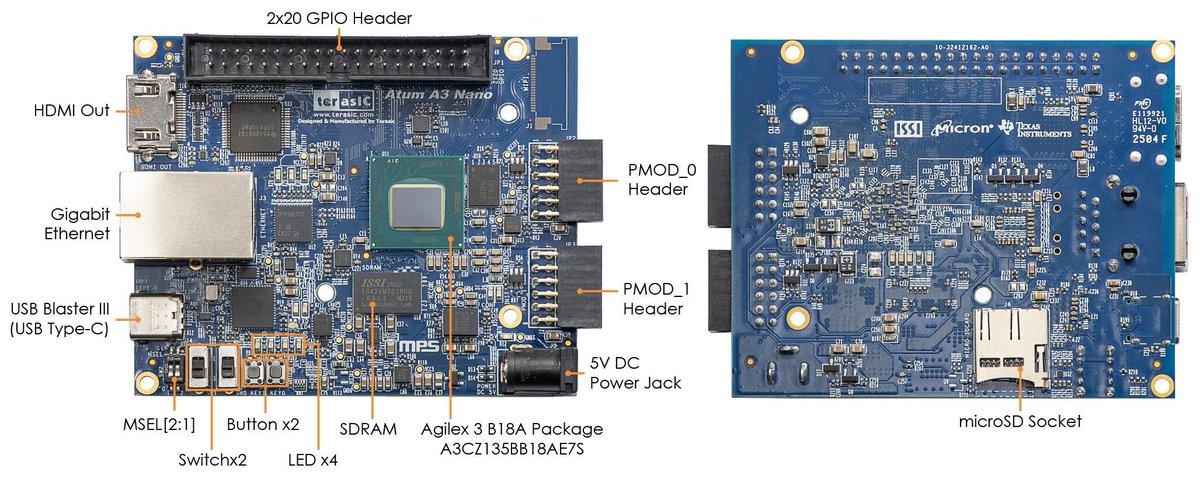 .<a href="/Terasic_FPGA/">Terasic Inc.</a> Atum A3 Nano is a development board based on Intel <a href="/AlteraFPGA_/">Altera</a> Agilex 3 FPGA with 135K logic elements.
cnx-software.com/2025/05/30/atu…

The compact (85 x 70 mm) board is equipped with 64 MB SDRAM, Gigabit Ethernet, HDMI output, a microSD card slot, and an onboard