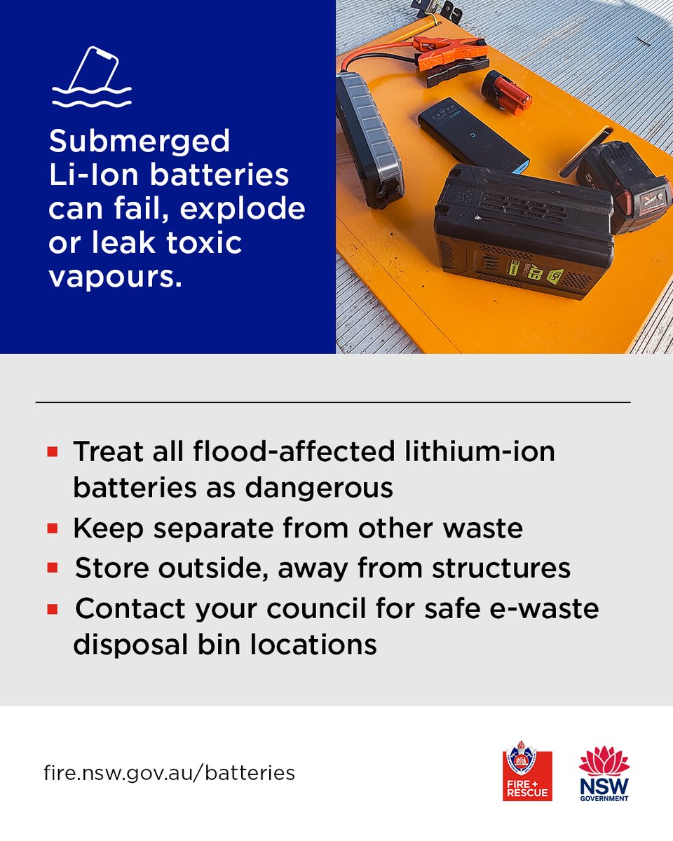 NSW SES (@nswses) on Twitter photo Lithium-ion batteries can pose serious risks after being submerged. Learn more from <a href="/FRNSW/">Fire and Rescue NSW</a> here: facebook.com/share/p/15JwY7… Lithium-ion batteries can pose serious risks after being submerged. Learn more from <a href="/FRNSW/">Fire and Rescue NSW</a> here: facebook.com/share/p/15JwY7…