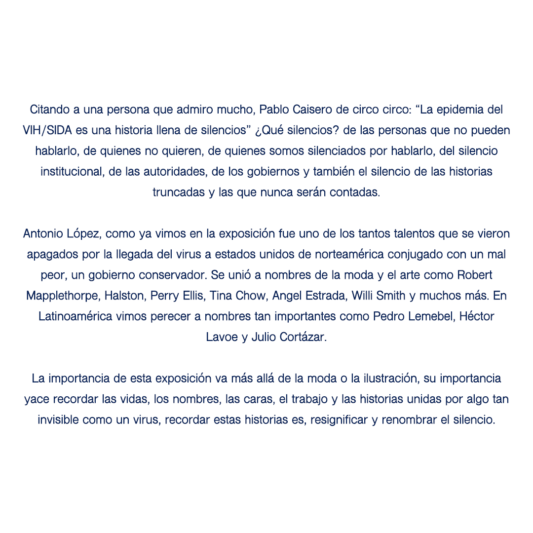 Hoy hablamos de Antonio López, Moda, Sustancias, VIH.

Gracias a <a href="/Transparente_ac/">Transparente</a> por permitirme tener el honor de dar un pequeño discurso de entrada para un conversatorio tan increíble.

Les comparto un pedacito del discurso que escribí :)