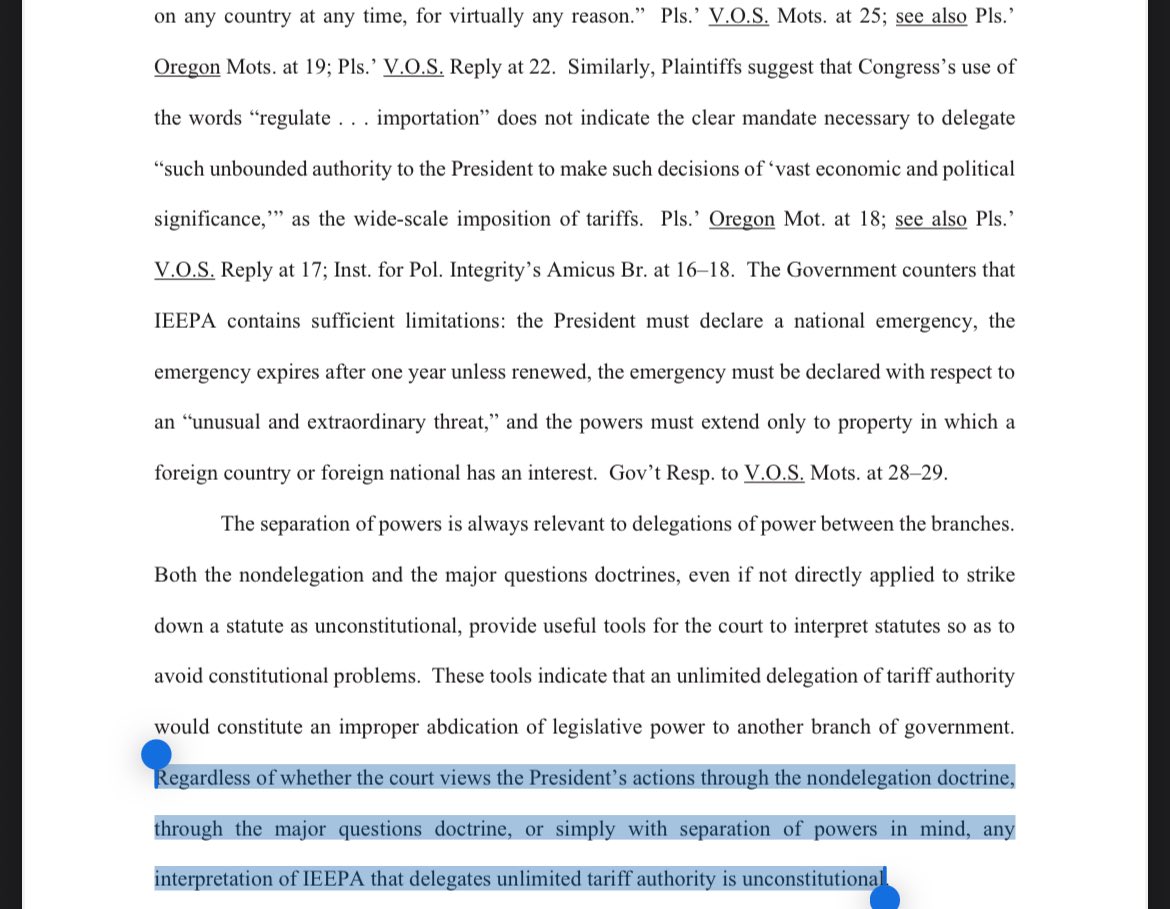 An important part of this ruling is section 1A, which says that “an unlimited delegation of taxation authority would be unconstitutional”, as a general principle.

This means that the administration cannot try and use another statute that instead to enact broad tariffs. This