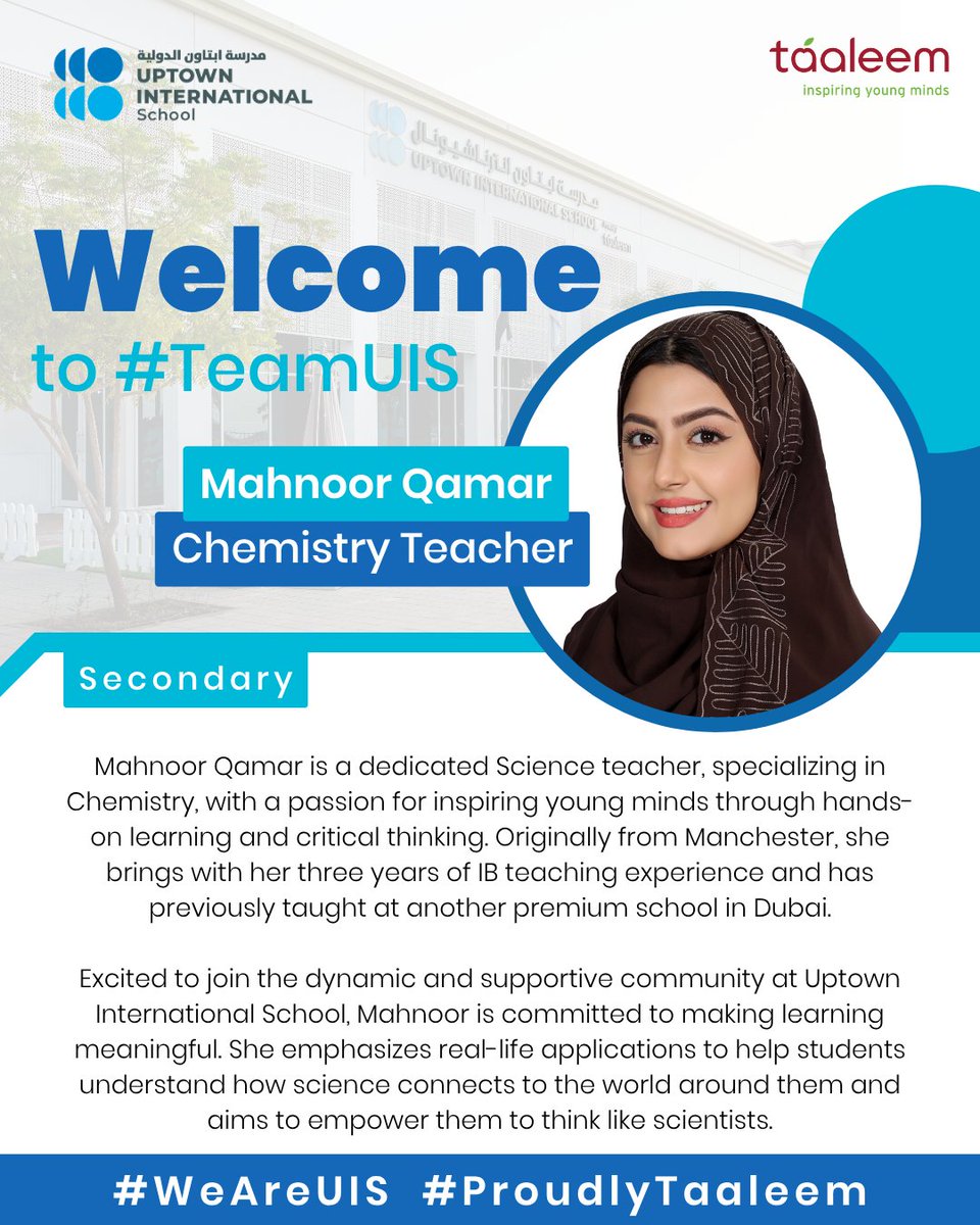 UISDubai's tweet image. We are thrilled to introduce Mahnoor Qamar to #TeamUIS! She has previous experience in an IB premium school in Dubai. She is excited to join the UIS community in August! Welcome to the team! #ProudlyTaaleem #WeAreUIS 🍎📚