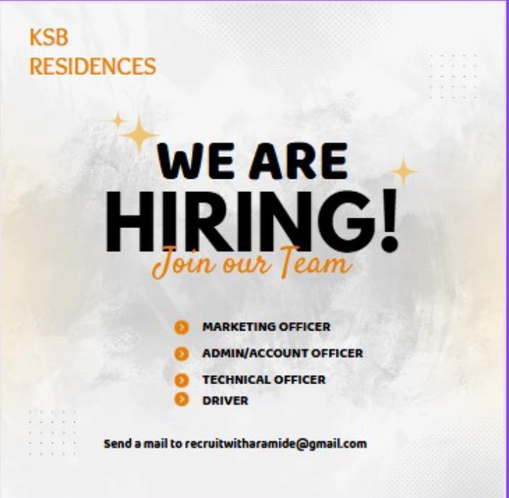 i_am_Aramide_'s tweet photo. WE'RE HIRING!
SKB Residences Ltd is a reputable company specializing in Facility Management, Letting (Long &amp; Short Let)etc.
We are expanding our team:
Admin/Accounts Officer
Marketing Officer 
Housekeeper 
Personal Driver

To Apply: Send your CV to recruitwitharamide@gmail.com https://t.co/4hdfHX9EJV