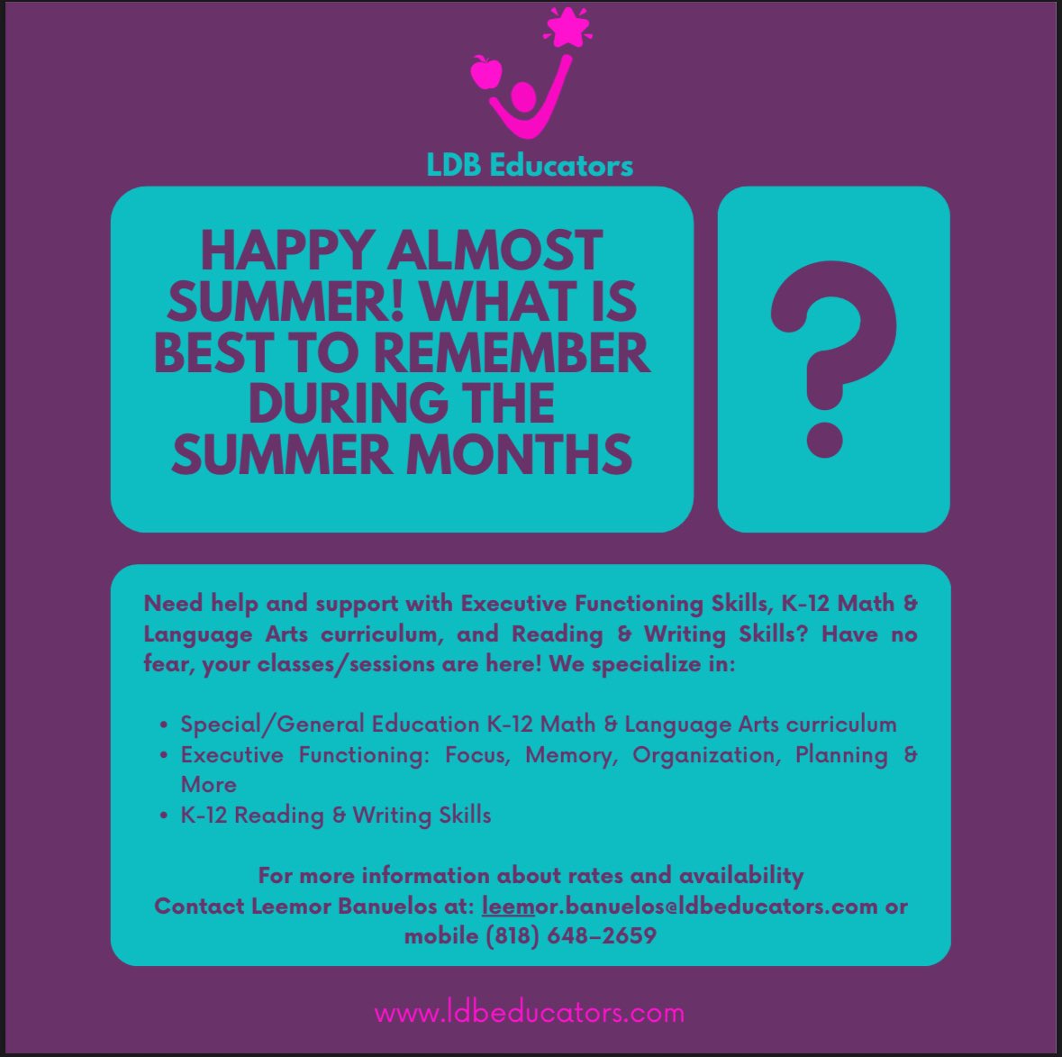 ldb_educators's tweet photo. 🌟As we come to the end of the 2024-2025 school year towards the Summer Break, please find your summer class/session reminders from LDB Educators! Happy Almost Summer😎🌟#generaleducation #specialeducation #tutor #learningspecialist
#preparedness #information #summerreview https://t.co/5opifun3Lb