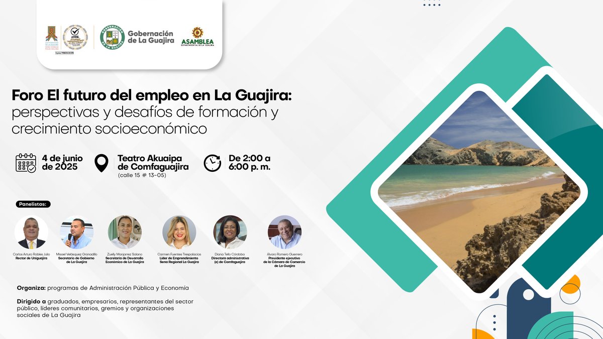 Desde la <a href="/UniLaGuajira/">UniGuajira</a>  estamos invitando a este importante conversatorio sobre empleabilidad en el departamento, un espacio de diálogo interinstitucional para debatir una problemática de carácter multidimensional. <a href="/LAGUAJIRAGOB/">Gobernación de La Guajira</a> <a href="/comfaguajira/">comfaguajira</a> <a href="/SENAComunica/">SENA</a>