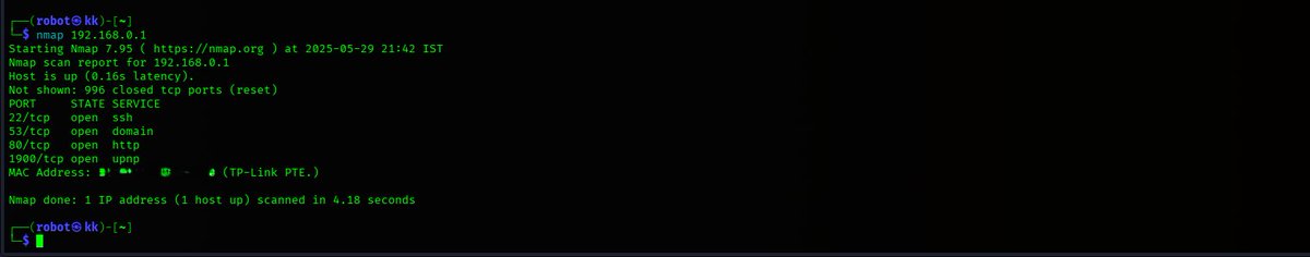 deva_1703's tweet image. Port 80 (HTTP) was open. Punched the IP into a browser, and boom — router login page.
Guess what? The admin password was the same as the Wi-Fi password. 😬
#RouterSecurity #DefaultPasswords #CyberRisks #InfosecCommunity #TechSecurity