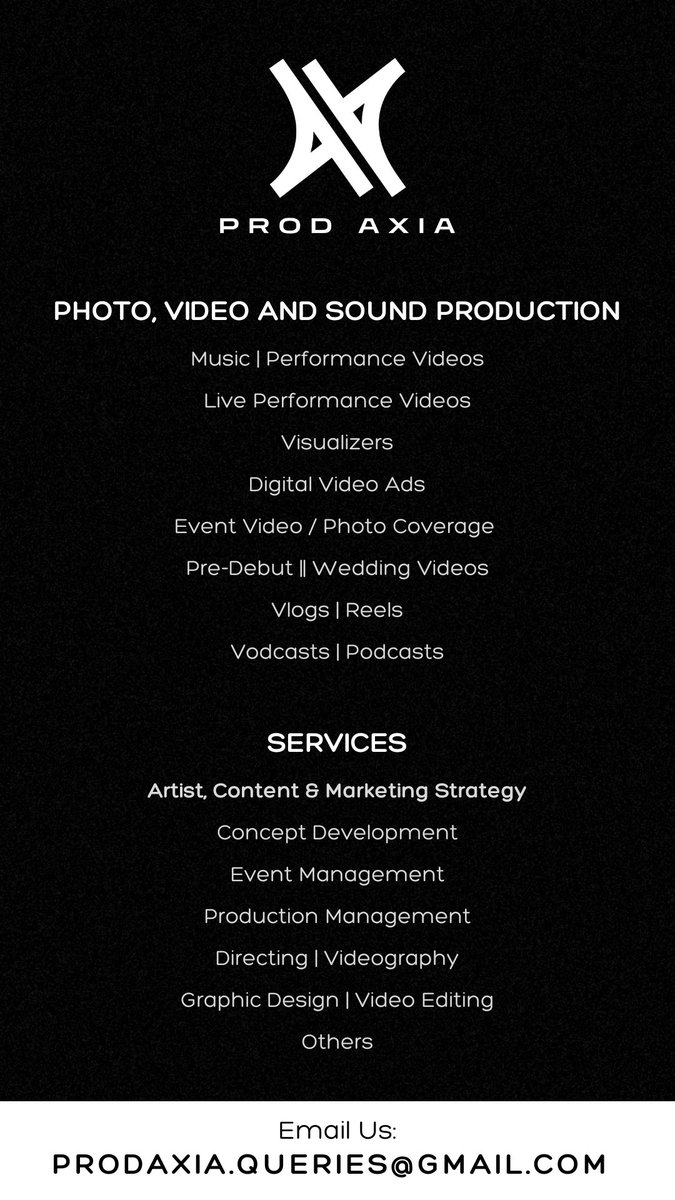 prodaxia's tweet photo. [PROD AXIA]

Photo, Video and Sound Production with a variety of services offered 🔥

Contact us at prodaxia.queries@gmail.com for inquiries!

#PRODAXIA https://t.co/WildF25fy7