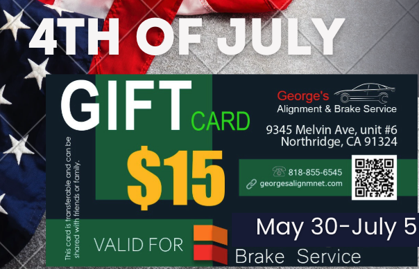 Georgesalignmen's tweet photo. 🇺🇸 4th of July Special! 🎆
Celebrate freedom with savings! From May 30 to July 5, enjoy a $15 gift card toward any brake service at our new location in Northridge:

📞  818-855-6545
🌐 https://t.co/LeMA5aORGl https://t.co/4khF8QCYEj