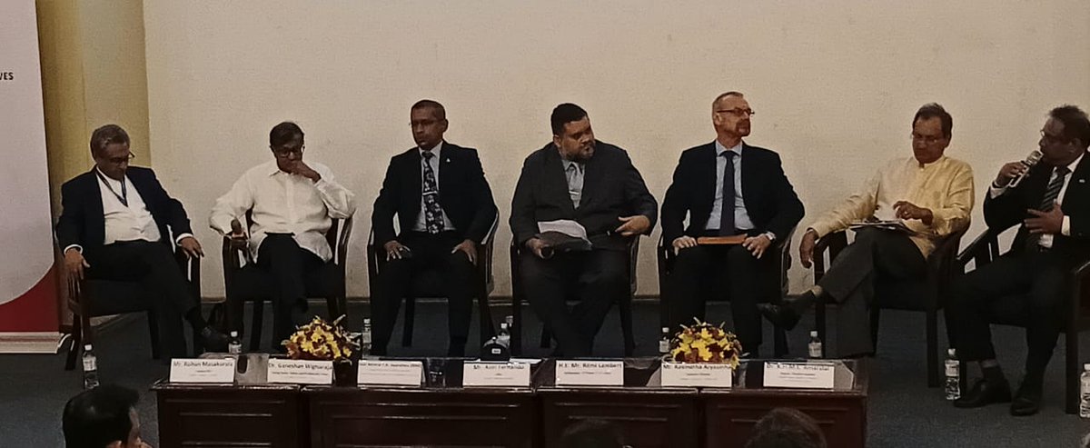 FranceinColombo's tweet photo. 🌊 #HappeningNow at @the_lki Ahead of the 3rd UN Ocean Conference (#UNOC3), the 🇫🇷 Embassy is organizing a high-level public panel on 🇱🇰’s strategic role in the Indian Ocean and its engagement in ocean governance.

@MFA_SriLanka 
@AmbBrunetDCROI https://t.co/cUcIcWluRB